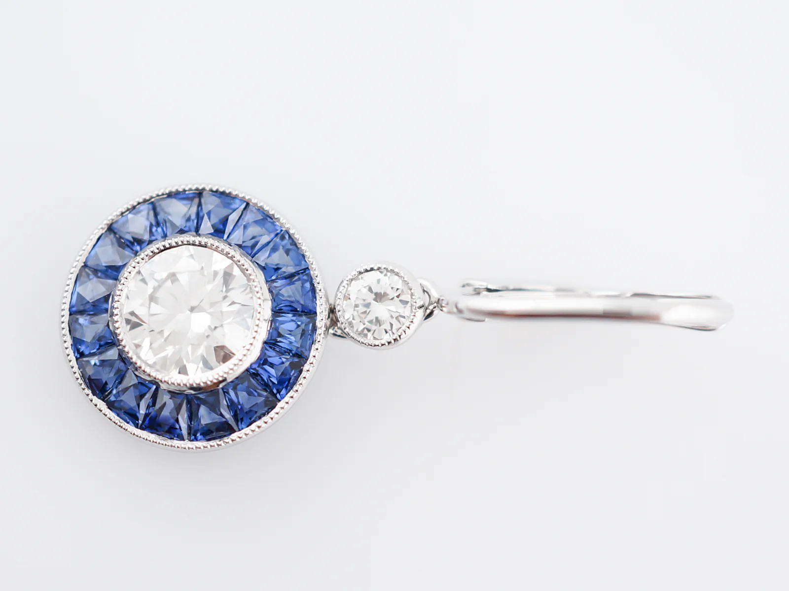 Earrings Modern 1.79 Round Brilliant Cut Diamonds & 1.47 French Cut Sapphire in Platinum - Image 4