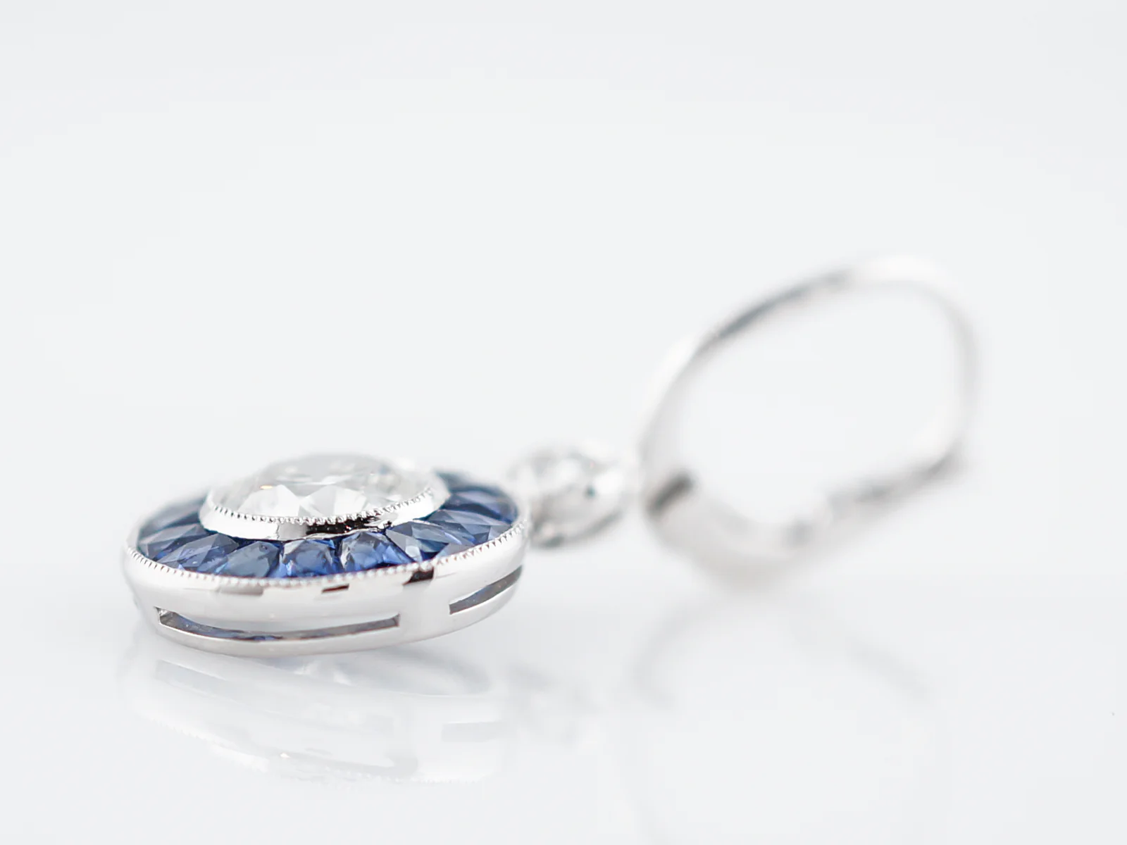 Earrings Modern 1.79 Round Brilliant Cut Diamonds & 1.47 French Cut Sapphire in Platinum - Image 5