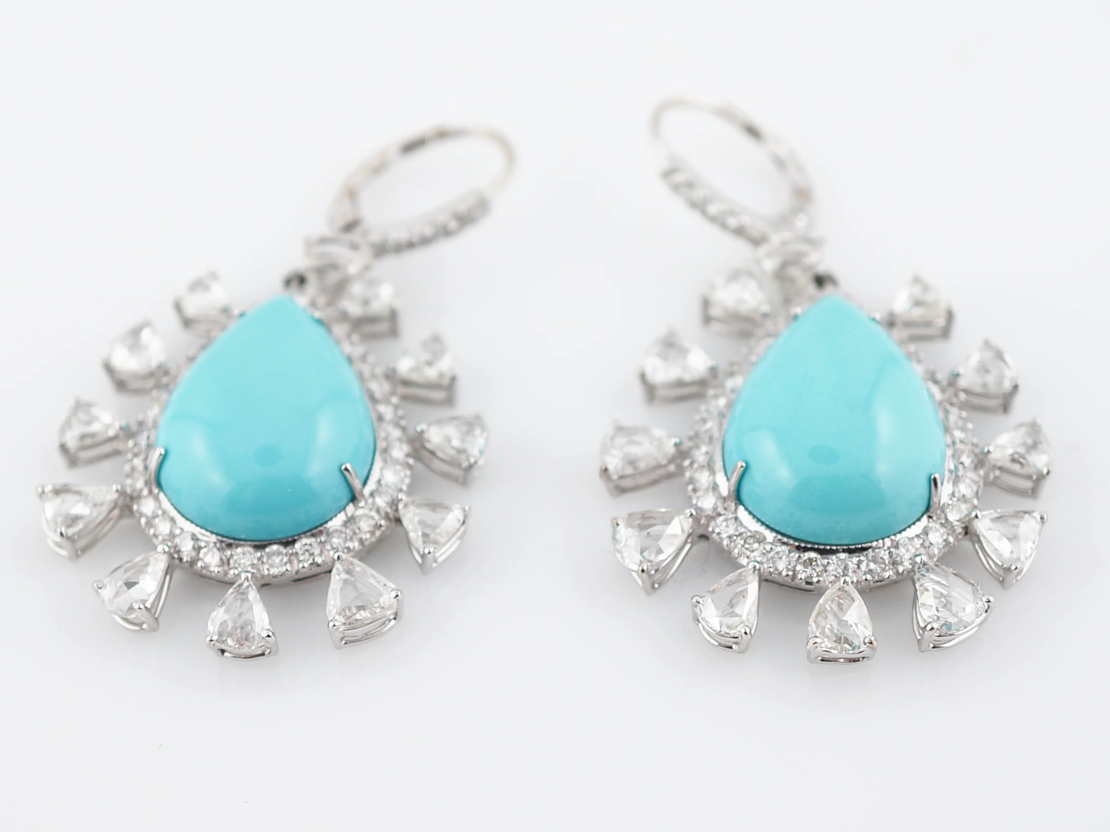 ***RTV***Earrings Modern 23.74 Cabochon Cut Turquoise & 8.82 Pear & Round Brilliant Cut Diamonds in 18K White Gold - Image 2