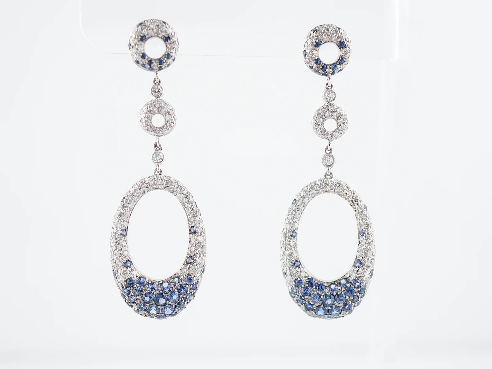 Earrings-Modern 3.00 Round Brilliant Cut Diamonds & 1.64 Round Cut Sapphire in 18k White Gold