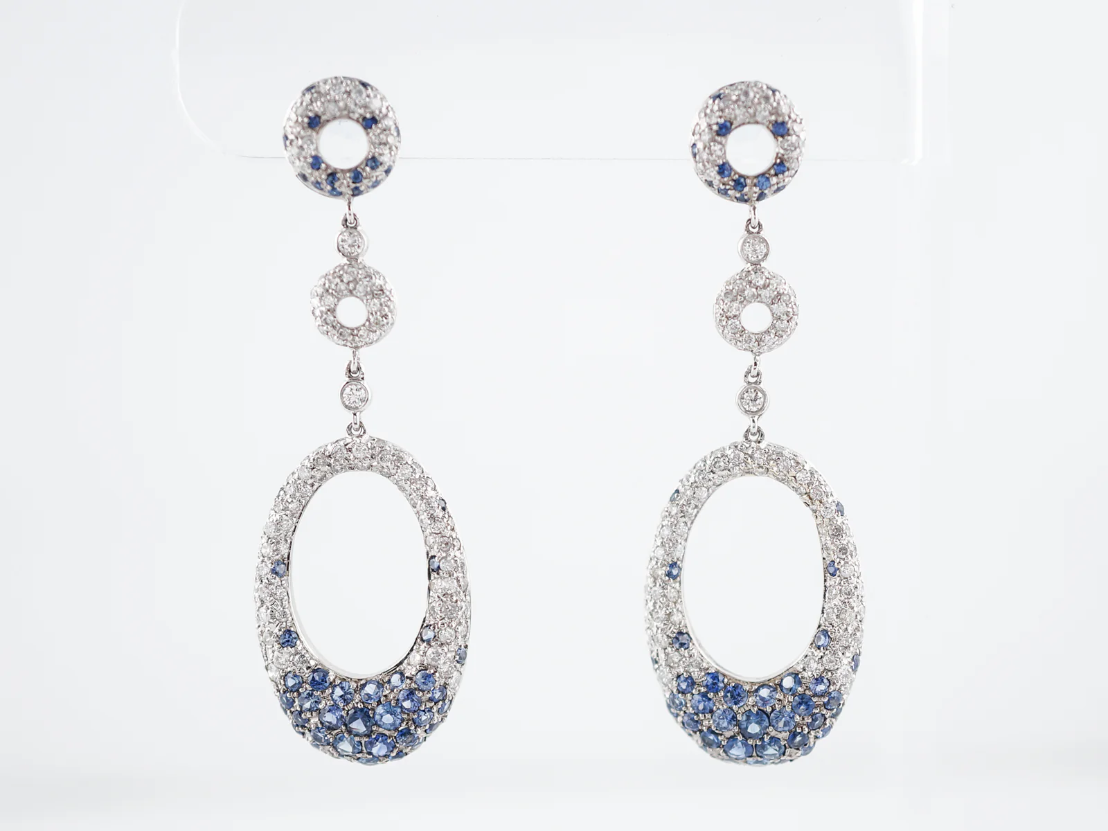 Earrings-Modern 3.00 Round Brilliant Cut Diamonds & 1.64 Round Cut Sapphire in 18k White Gold - Image 2