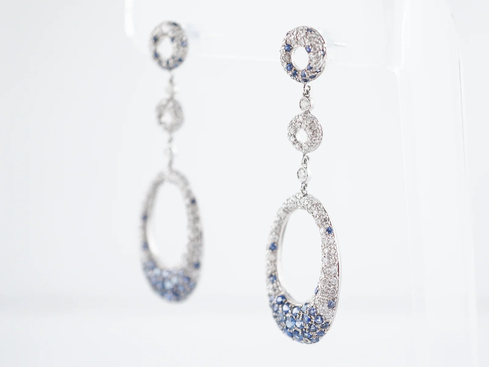 Earrings-Modern 3.00 Round Brilliant Cut Diamonds & 1.64 Round Cut Sapphire in 18k White Gold - Image 7