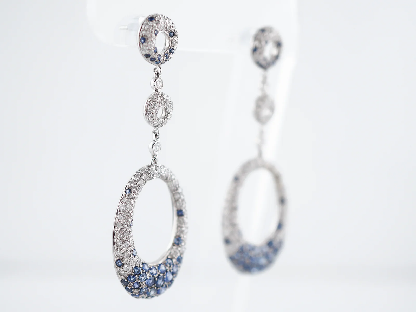 Earrings-Modern 3.00 Round Brilliant Cut Diamonds & 1.64 Round Cut Sapphire in 18k White Gold - Image 8
