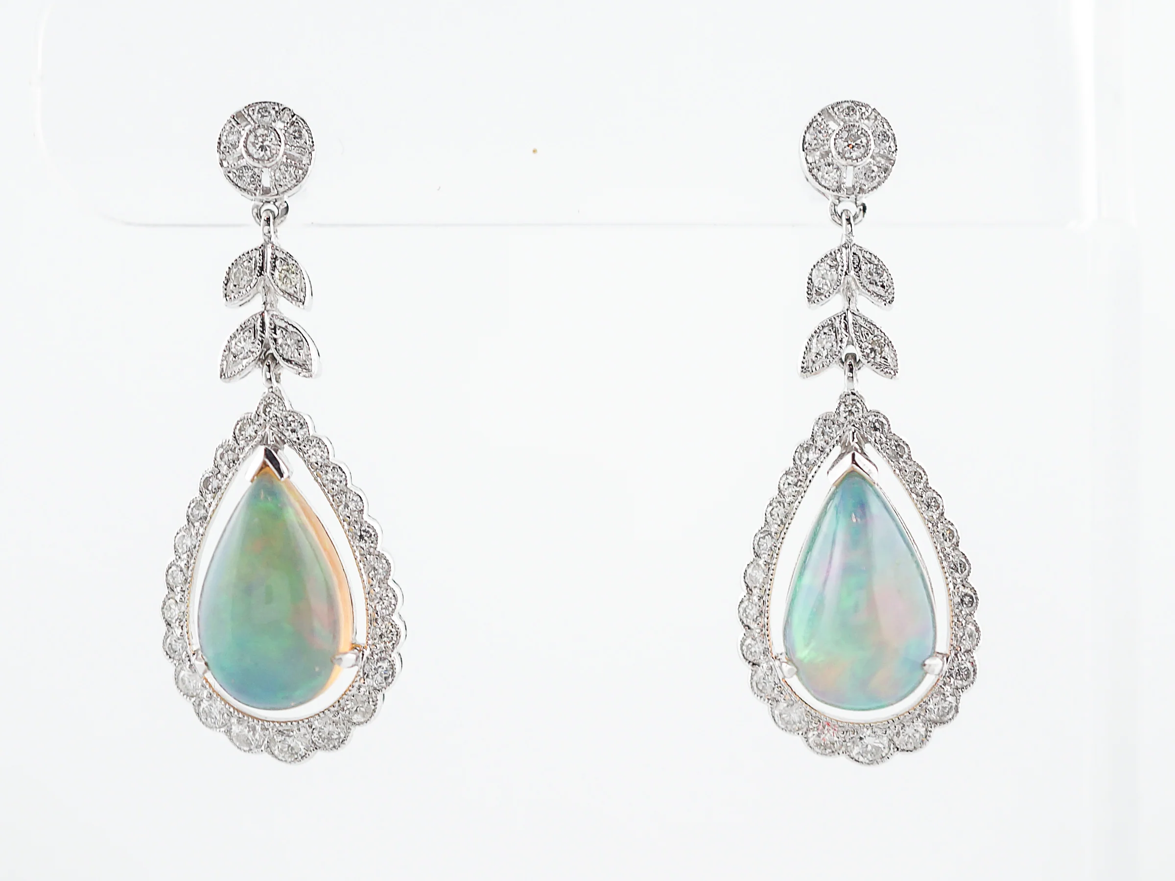 Earrings Modern 4.47 Cabochon Cut Opal & .94 Round Brilliant Cut Diamonds in 18k White Gold - Image 2