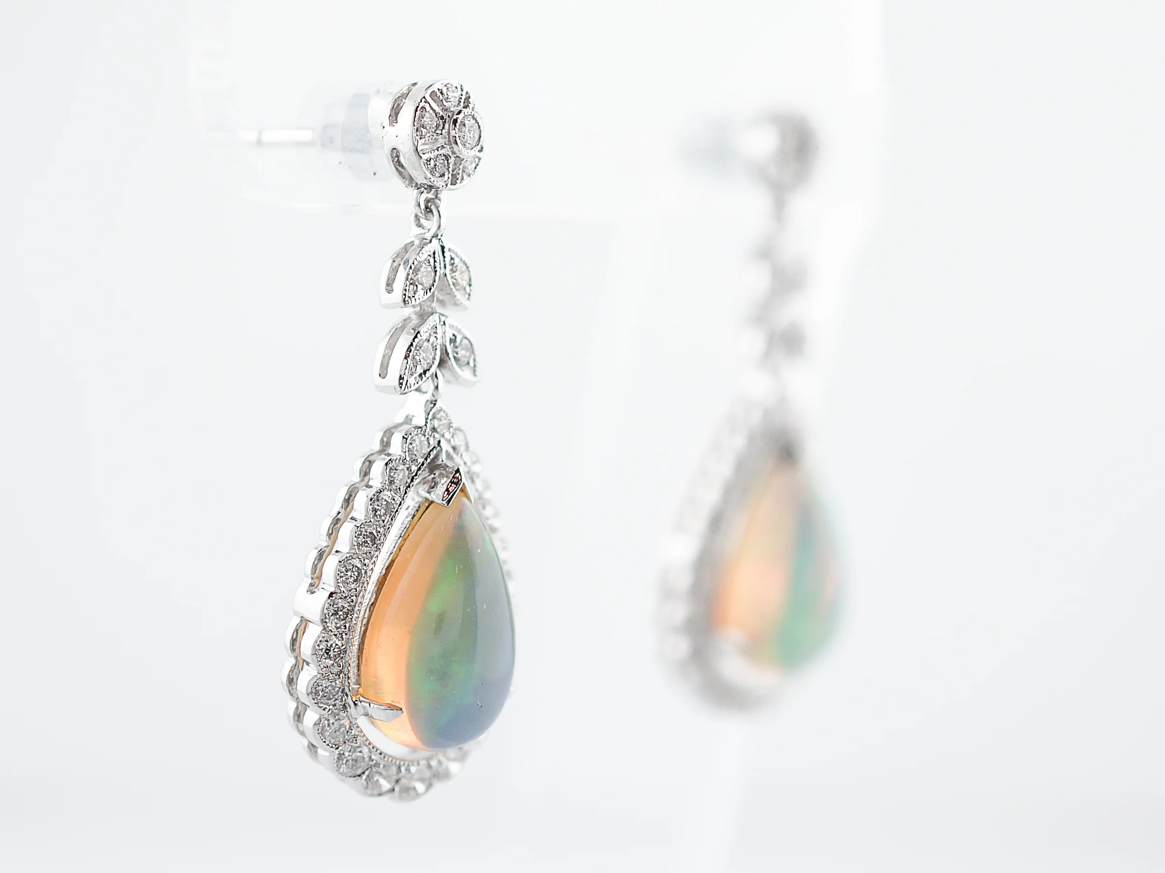 Earrings Modern 4.47 Cabochon Cut Opal & .94 Round Brilliant Cut Diamonds in 18k White Gold - Image 3