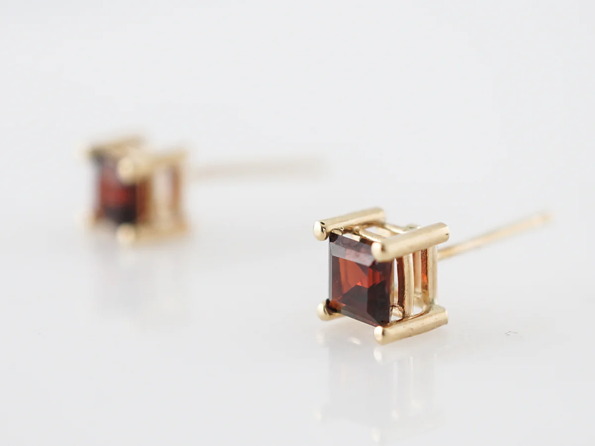 Earrings Modern .46 Square Cut Garnet in 14k Yellow Gold - Image 2