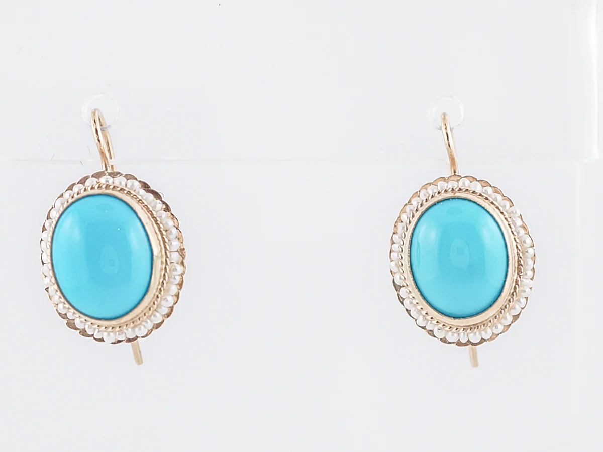 Earrings Modern 5.48 Cabochon Cut Turquoise & Seed Pearls in 14k Yellow Gold