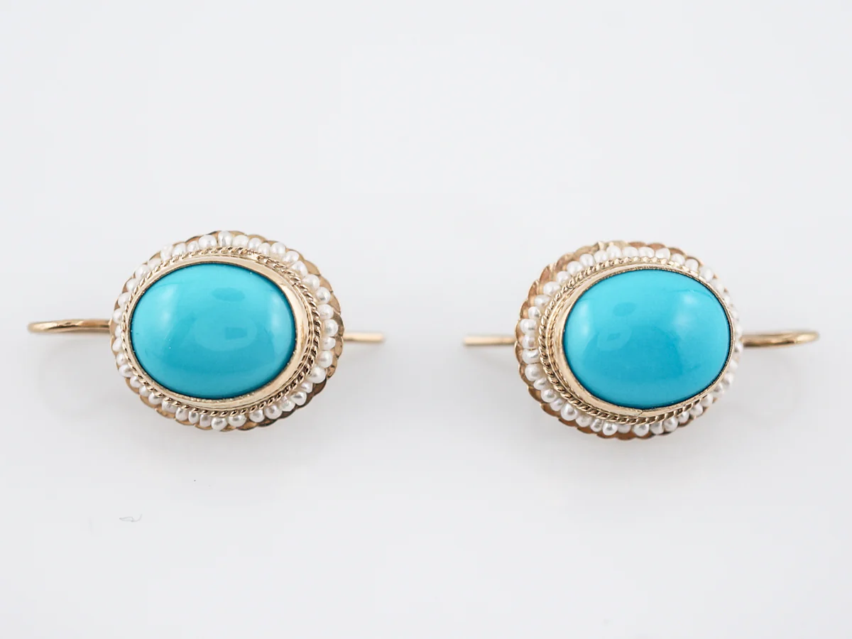 Earrings Modern 5.48 Cabochon Cut Turquoise & Seed Pearls in 14k Yellow Gold - Image 6