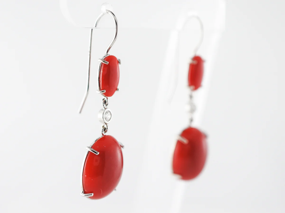 Earrings Modern Cabochon Cut Coral & .12 Round Cut Diamonds in 14k White Gold - Image 2