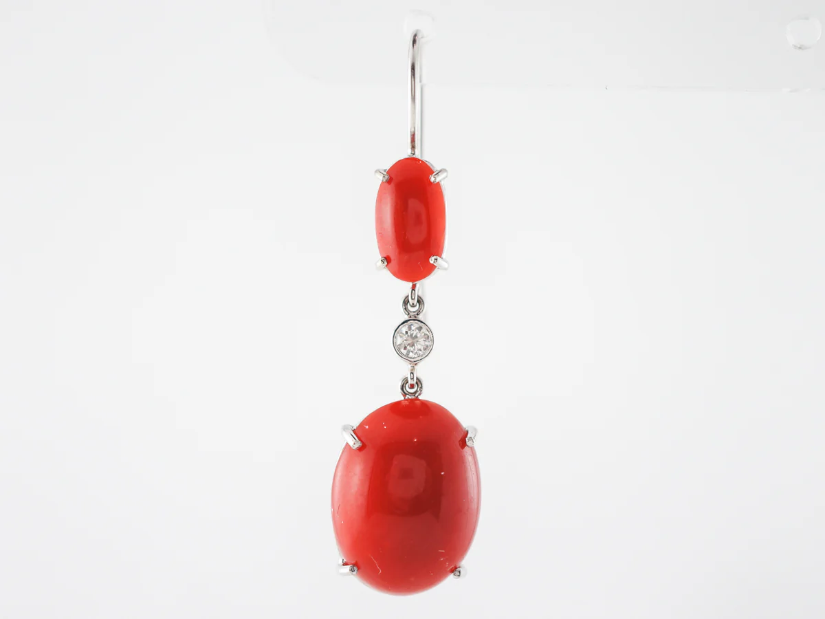 Earrings Modern Cabochon Cut Coral & .12 Round Cut Diamonds in 14k White Gold - Image 3