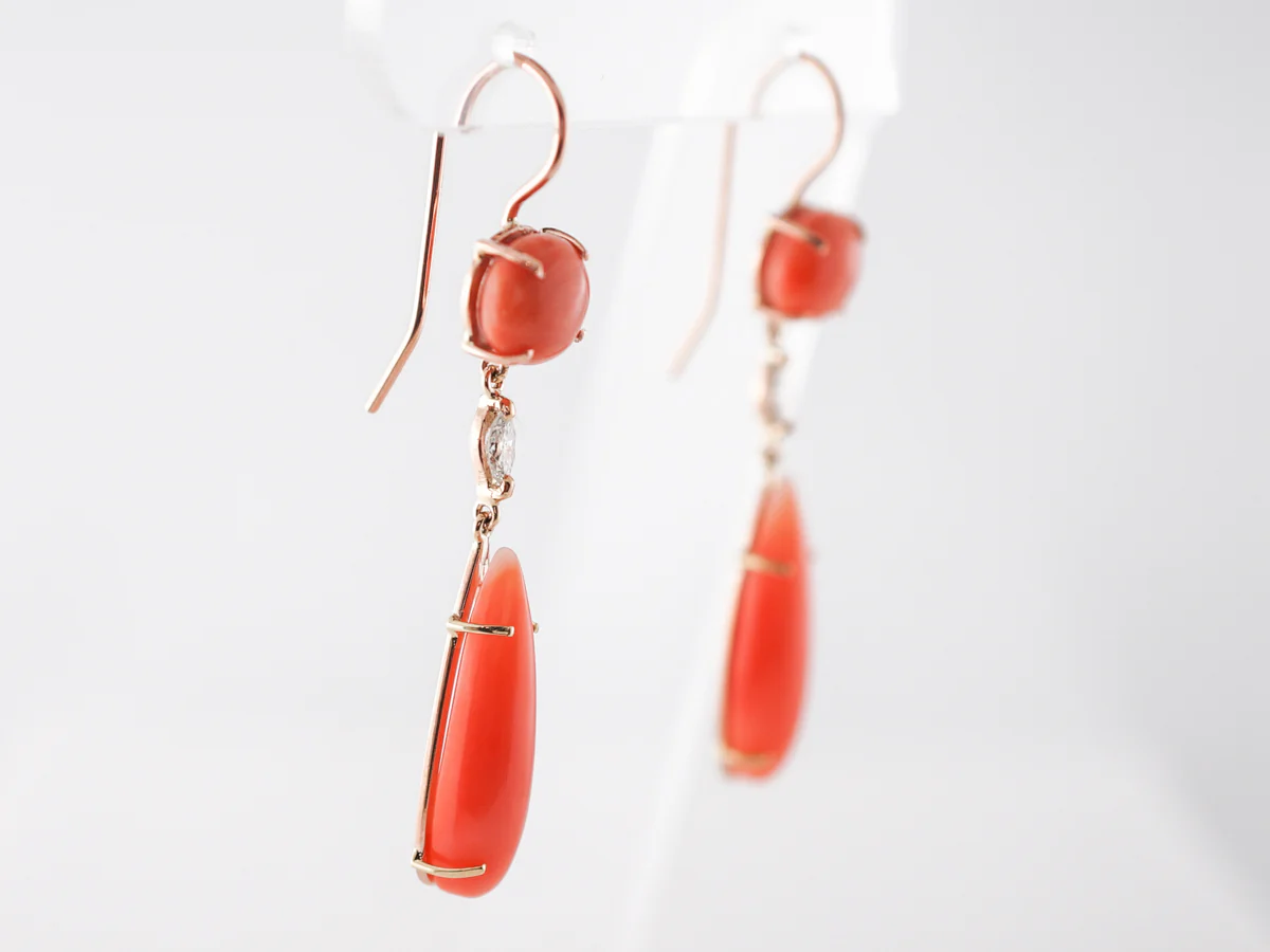 Earrings Modern Cabochon Cut Coral & .22 Marquise Cut Diamonds in 18k Yellow Gold - Image 2