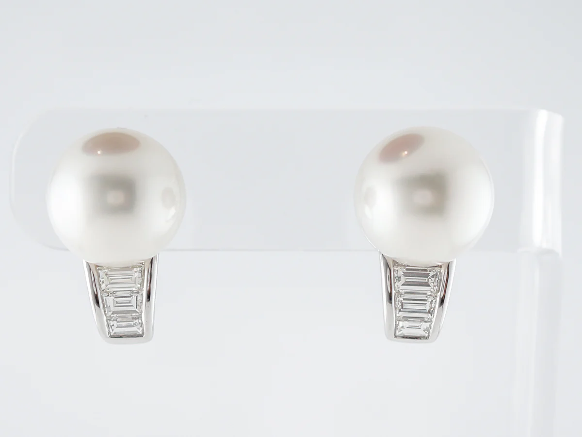 **RTV 5/2/19**Earrings Modern Pearl & 1.23 Straight Baguette Cut Diamonds in Platinum