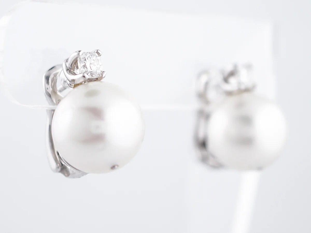 **RTV1/10/19**Earrings Modern Pearl & .64 Radiant Square Cut Diamonds in Platinum - Image 2