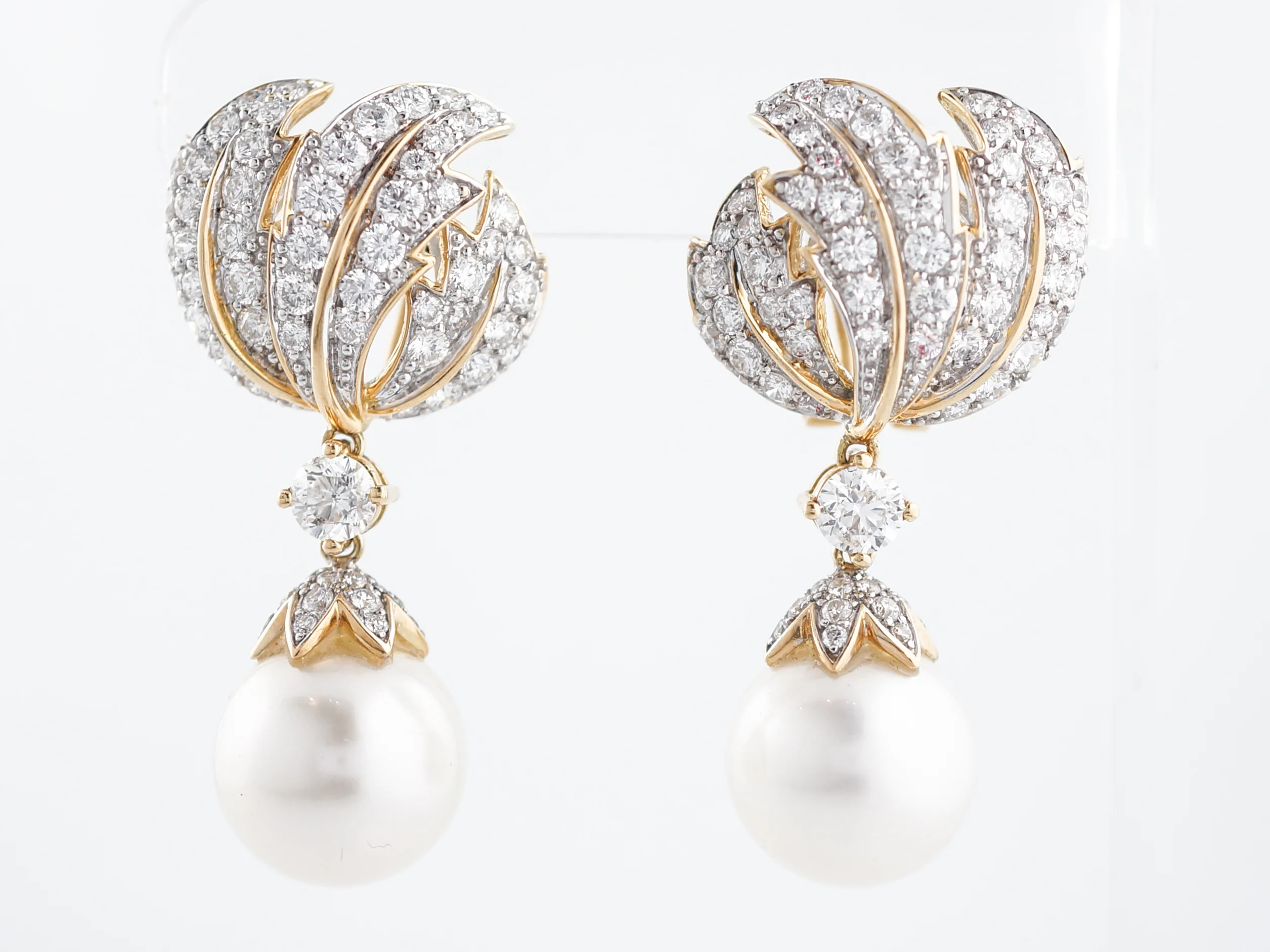 Earrings Modern South Sea Pearls & 8.20 Round Brilliant Cut Diamonds in 18K Yellow and White Gold - Image 2