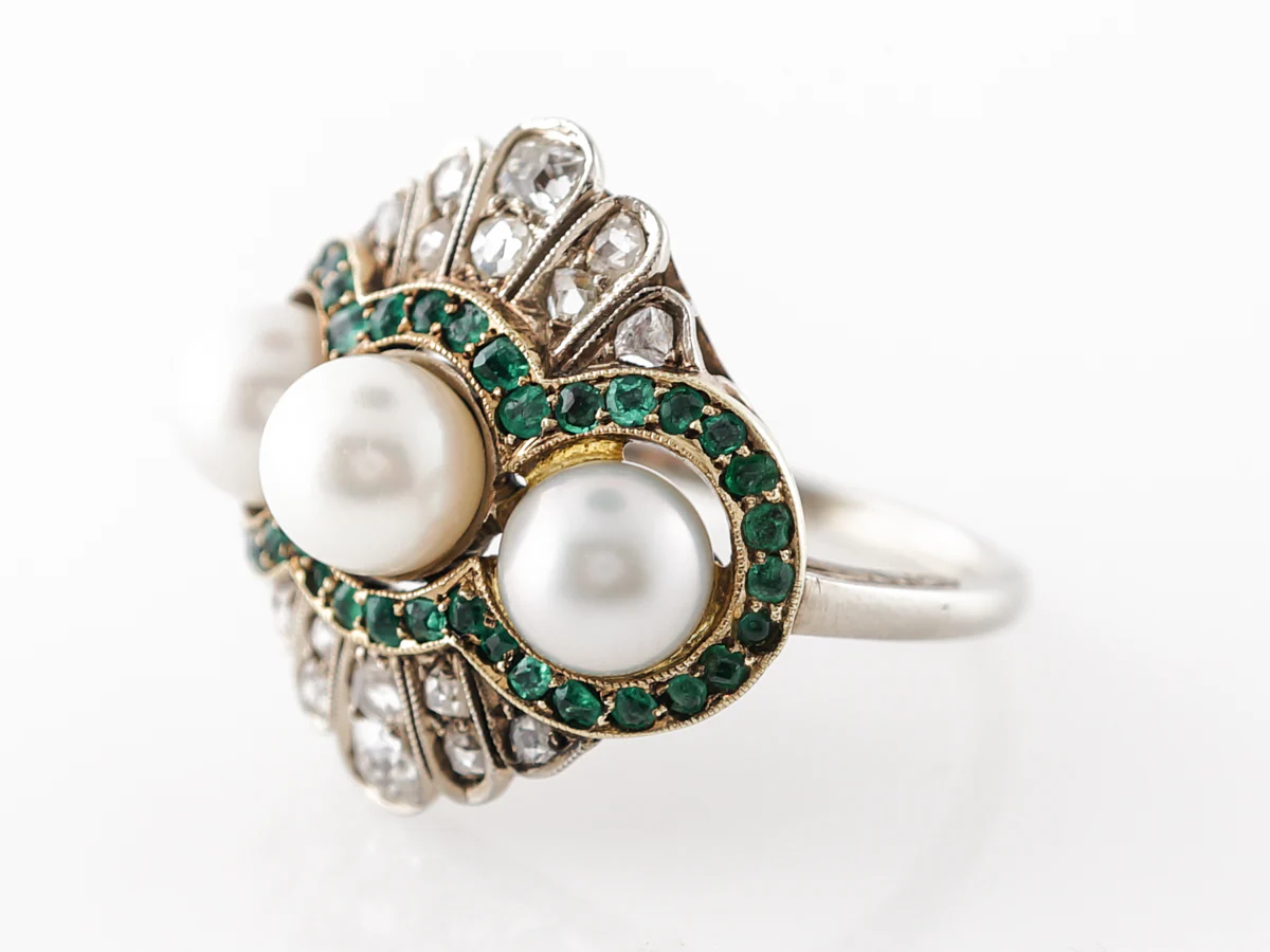 Edwardian Cocktail Ring w/ Pearls, Diamonds & Emeralds Platinum - Image 2