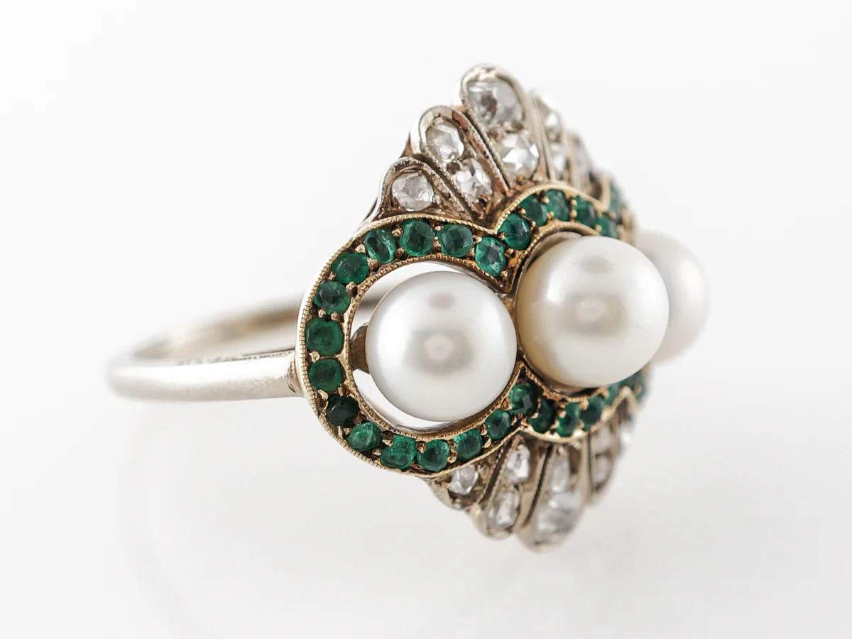Edwardian Cocktail Ring w/ Pearls, Diamonds & Emeralds Platinum - Image 3