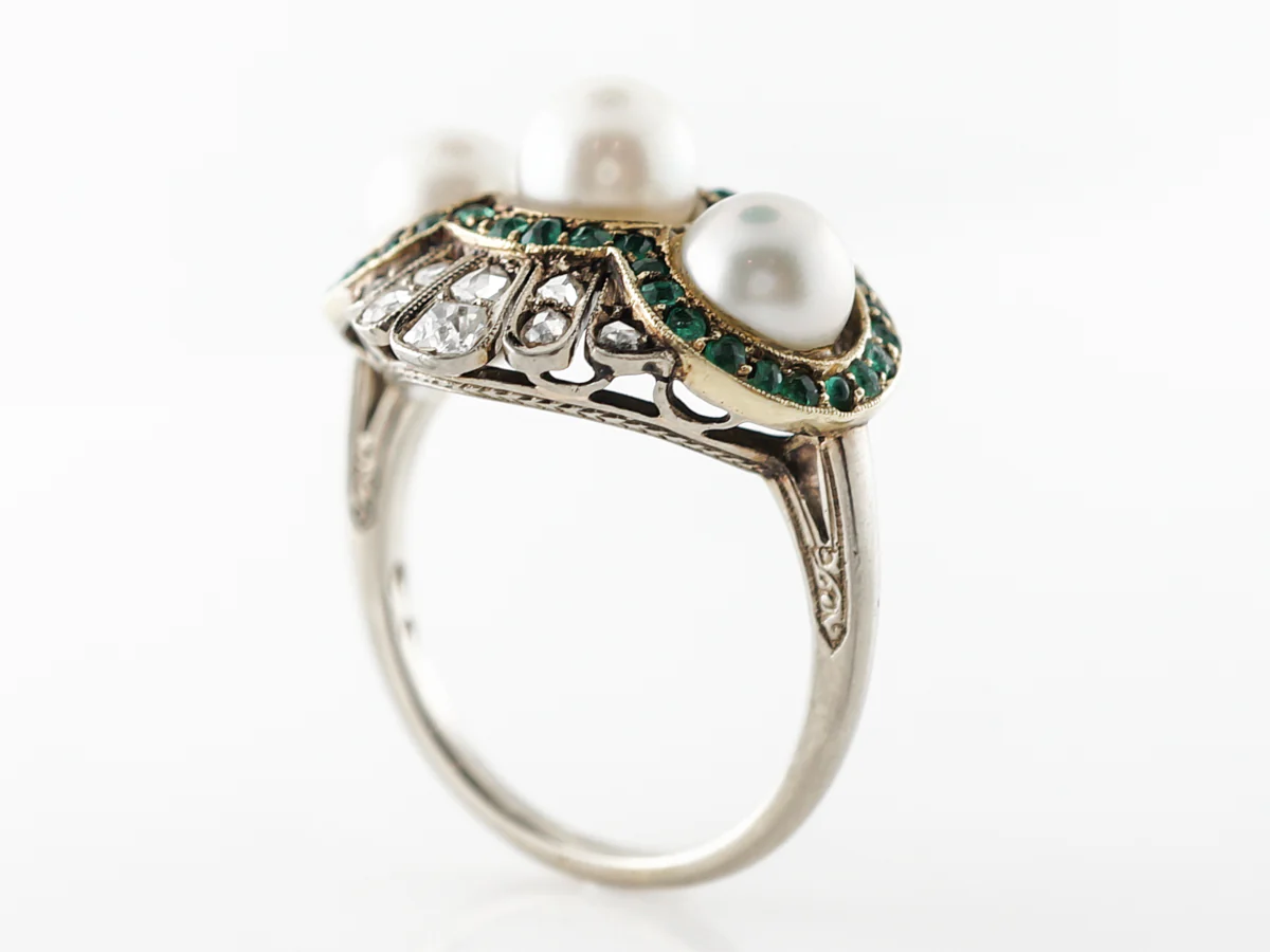 Edwardian Cocktail Ring w/ Pearls, Diamonds & Emeralds Platinum - Image 4