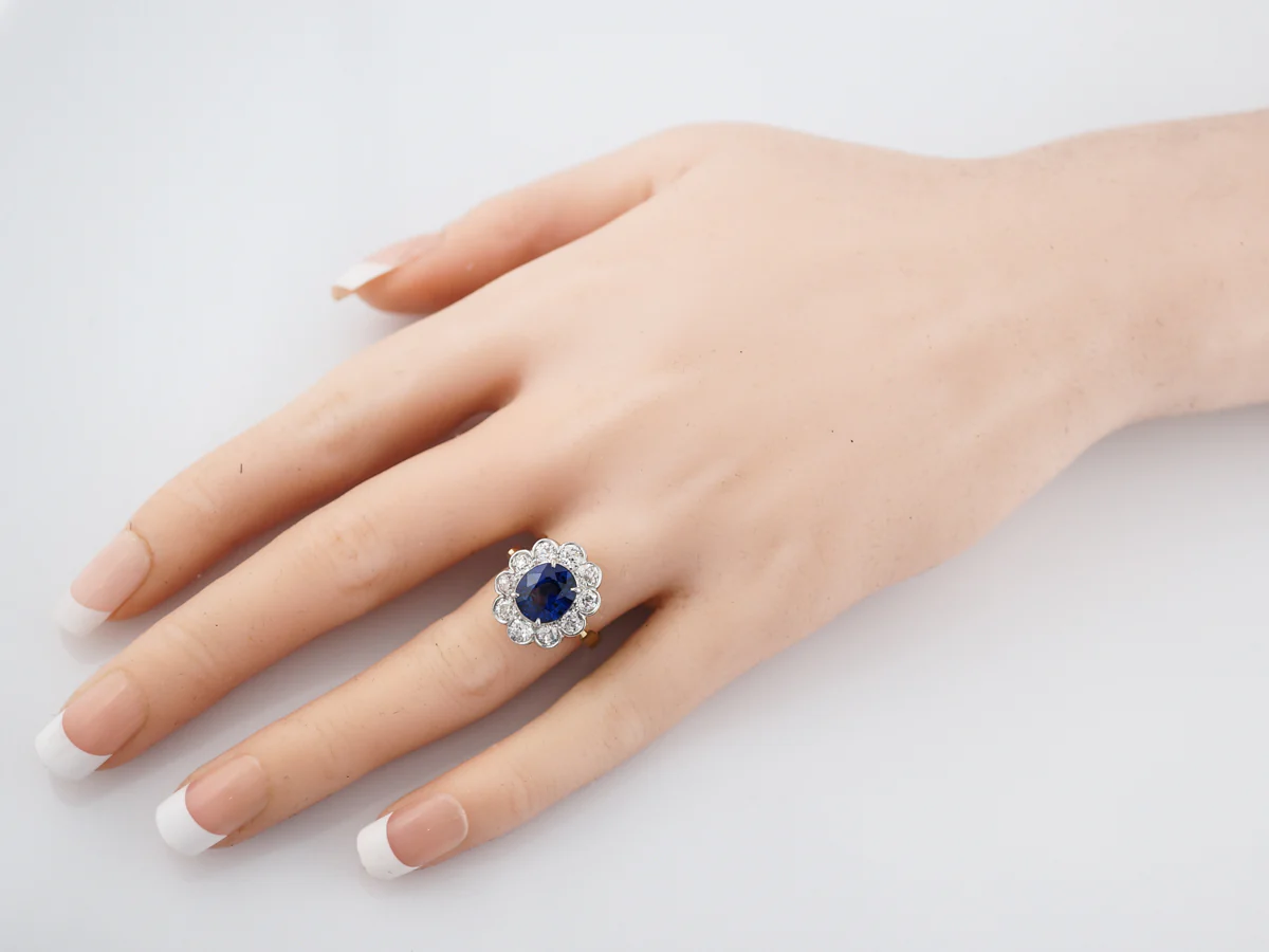 Edwardian Cushion Sapphire & Halo Diamond Engagement Ring - Image 7