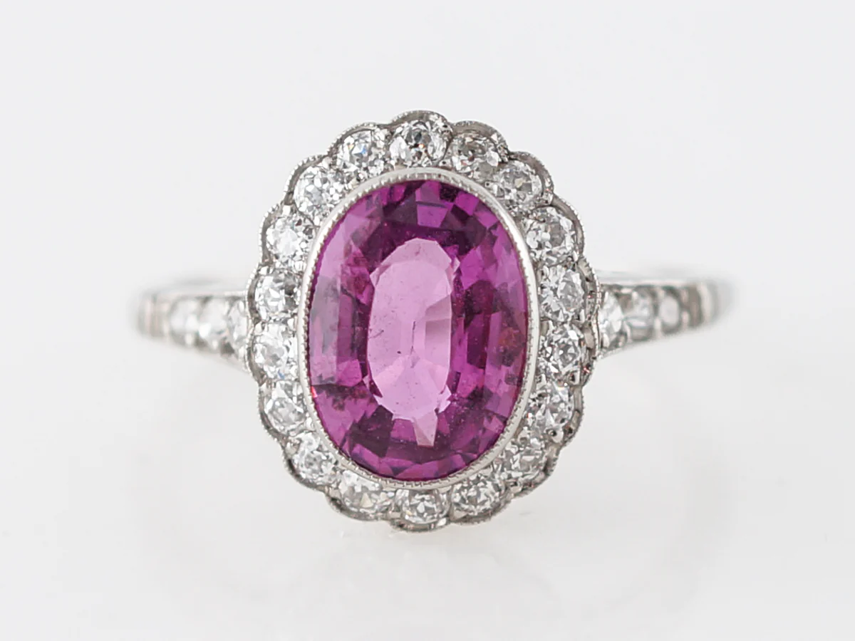 Vintage Edwardian Pink Sapphire & Diamond Engagement Ring in Platinum