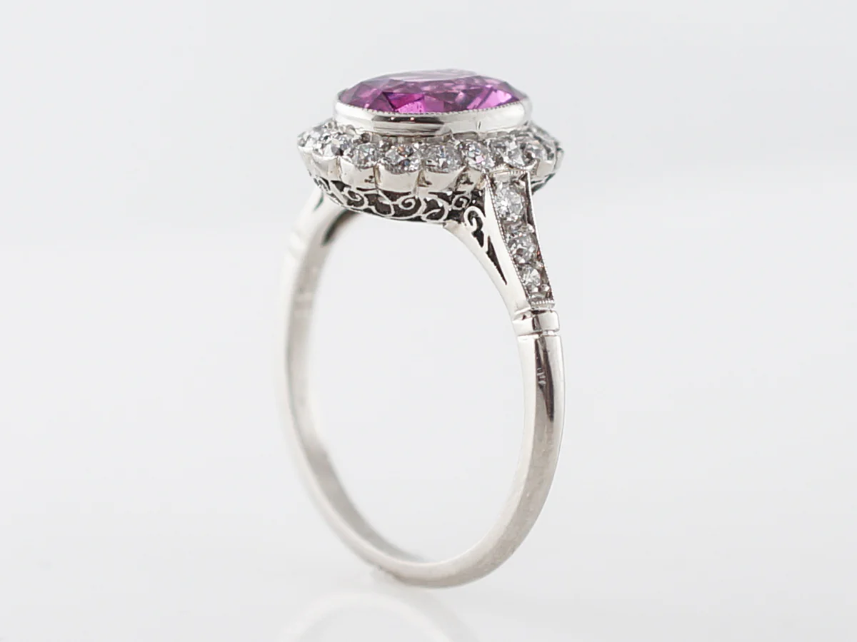Vintage Edwardian Pink Sapphire & Diamond Engagement Ring in Platinum - Image 5
