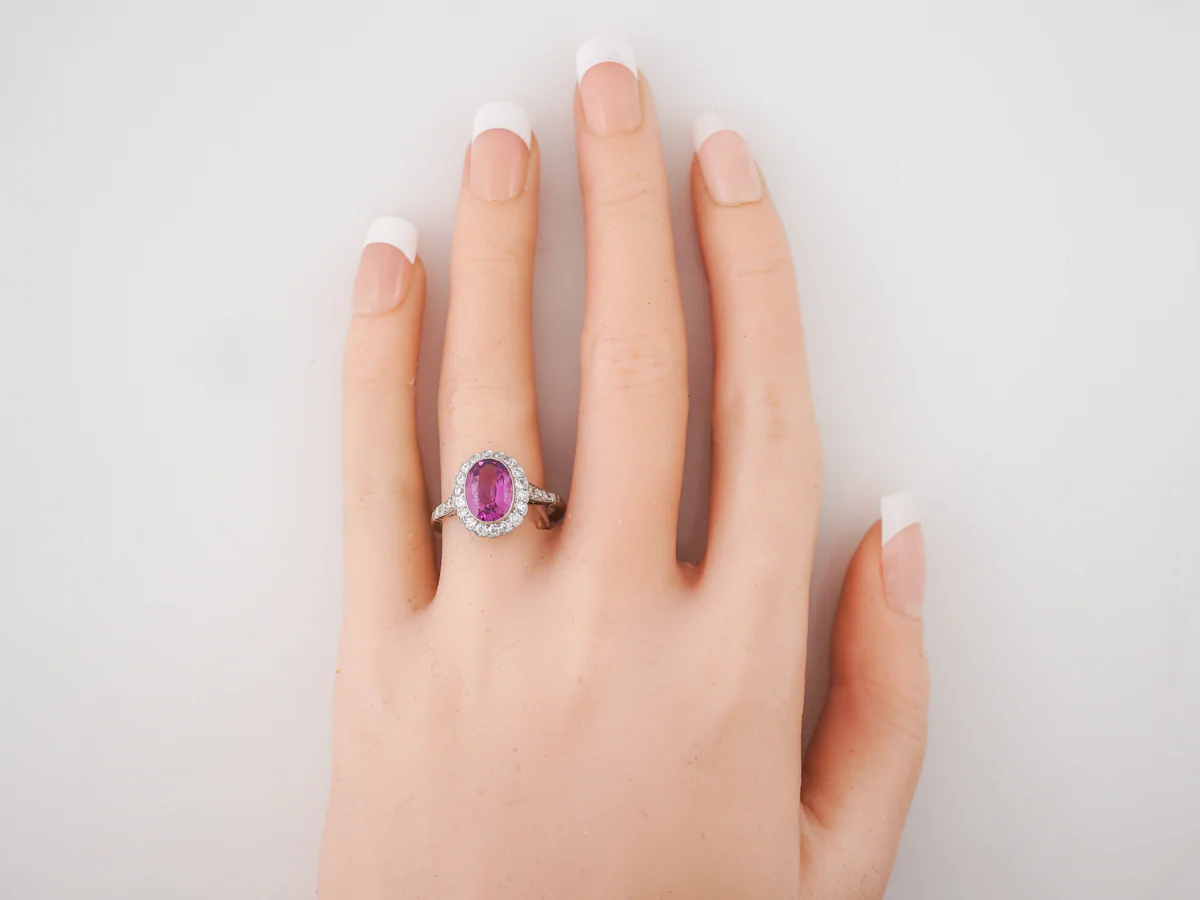 Vintage Edwardian Pink Sapphire & Diamond Engagement Ring in Platinum - Image 6