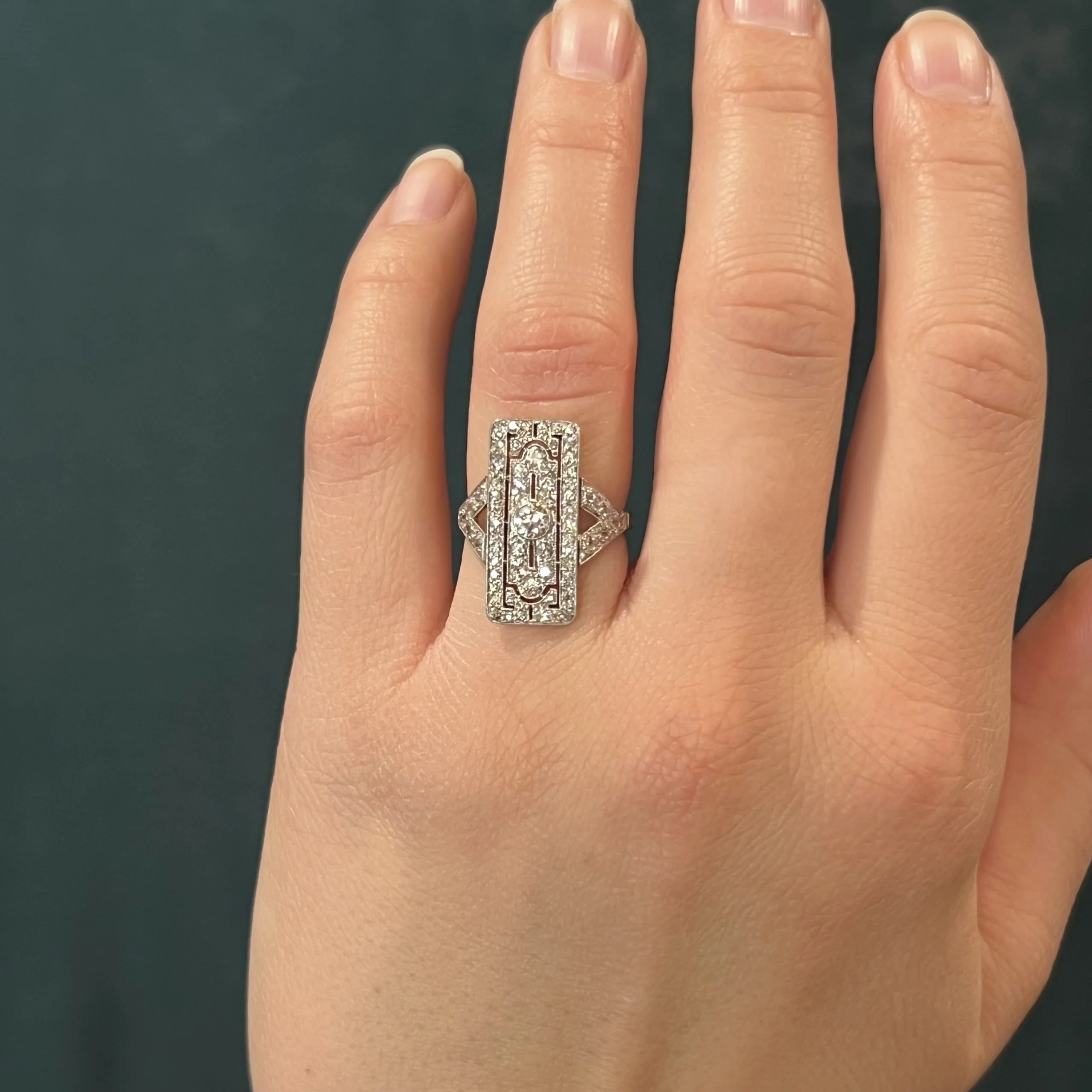 Edwardian Rectangular Diamond Cocktail Ring in 14k White Gold - Image 6