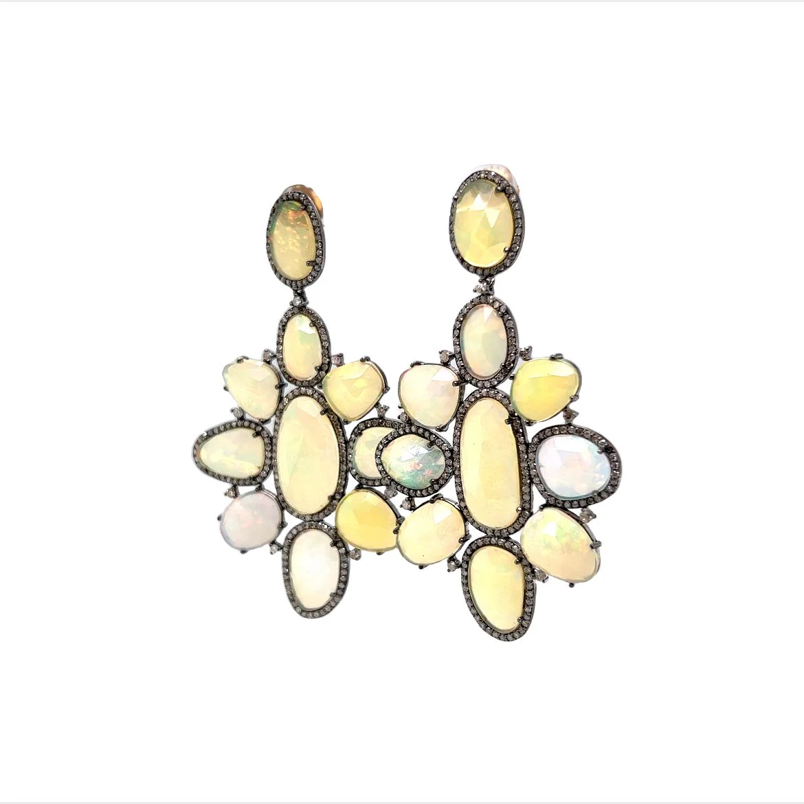 Elegant Opal & Diamond Cluster Drop Earrings in Sterling Silver - Image 2