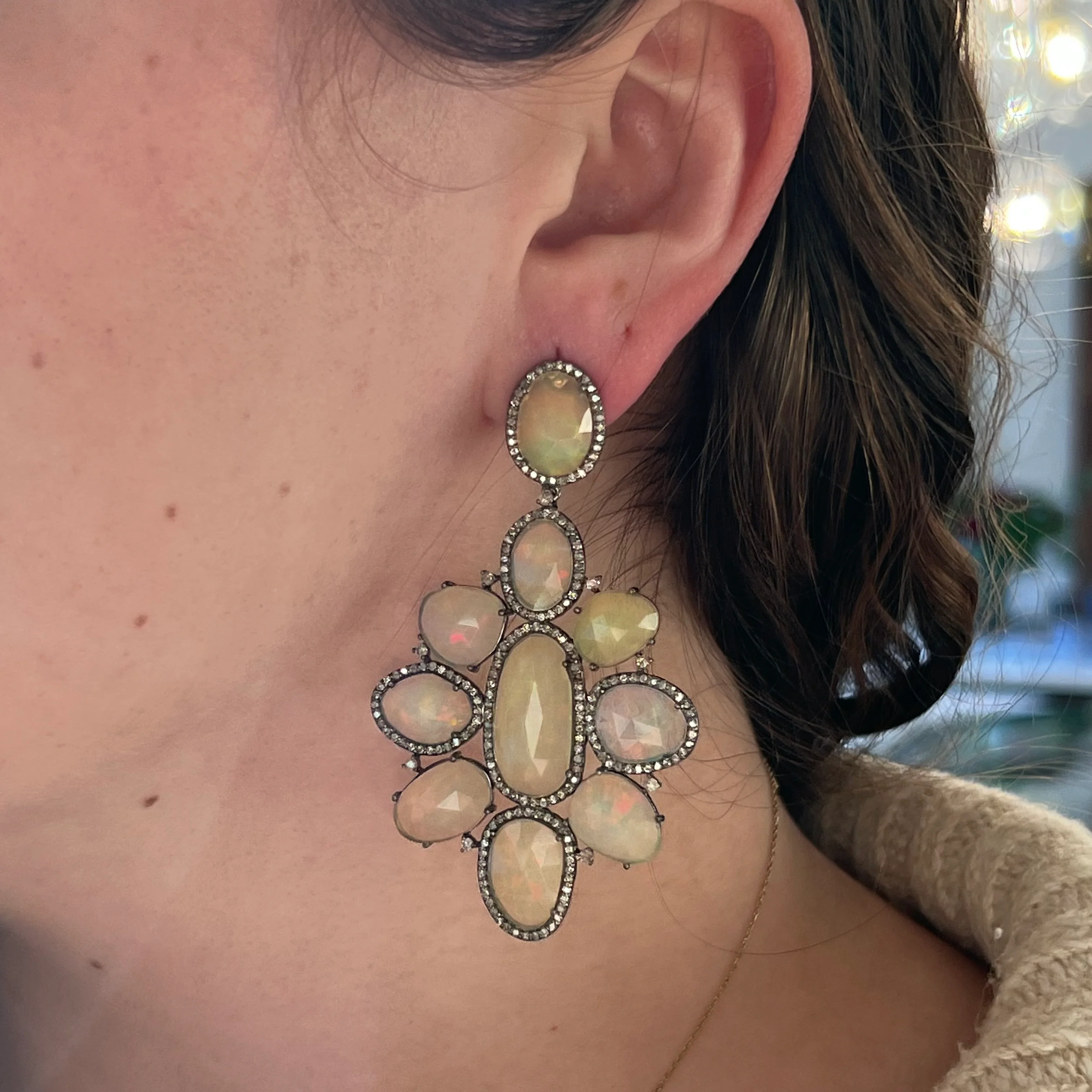 Elegant Opal & Diamond Cluster Drop Earrings in Sterling Silver - Image 4