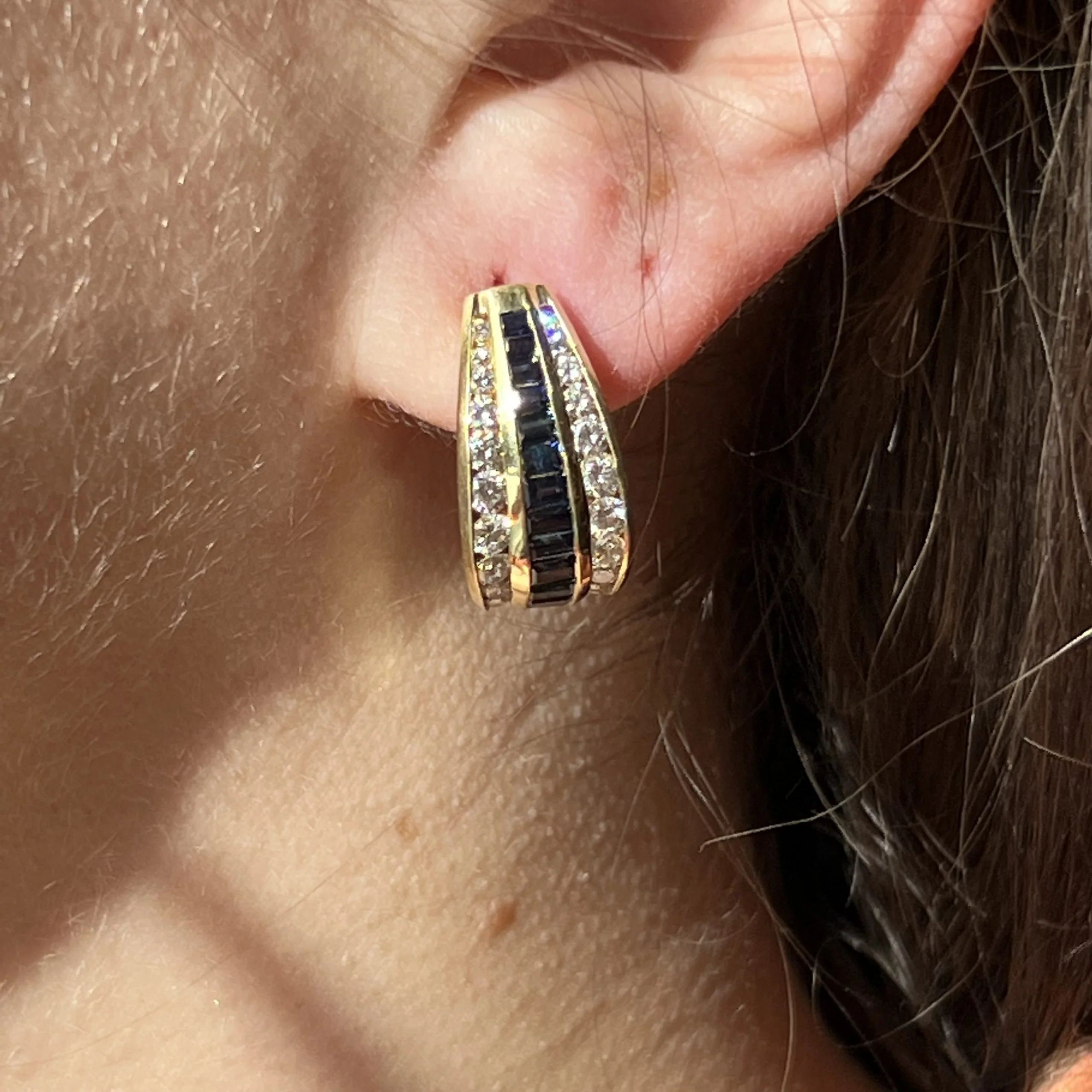 Elegant Sapphire & Diamond Hoop Earrings in 18k Yellow Gold - Image 4