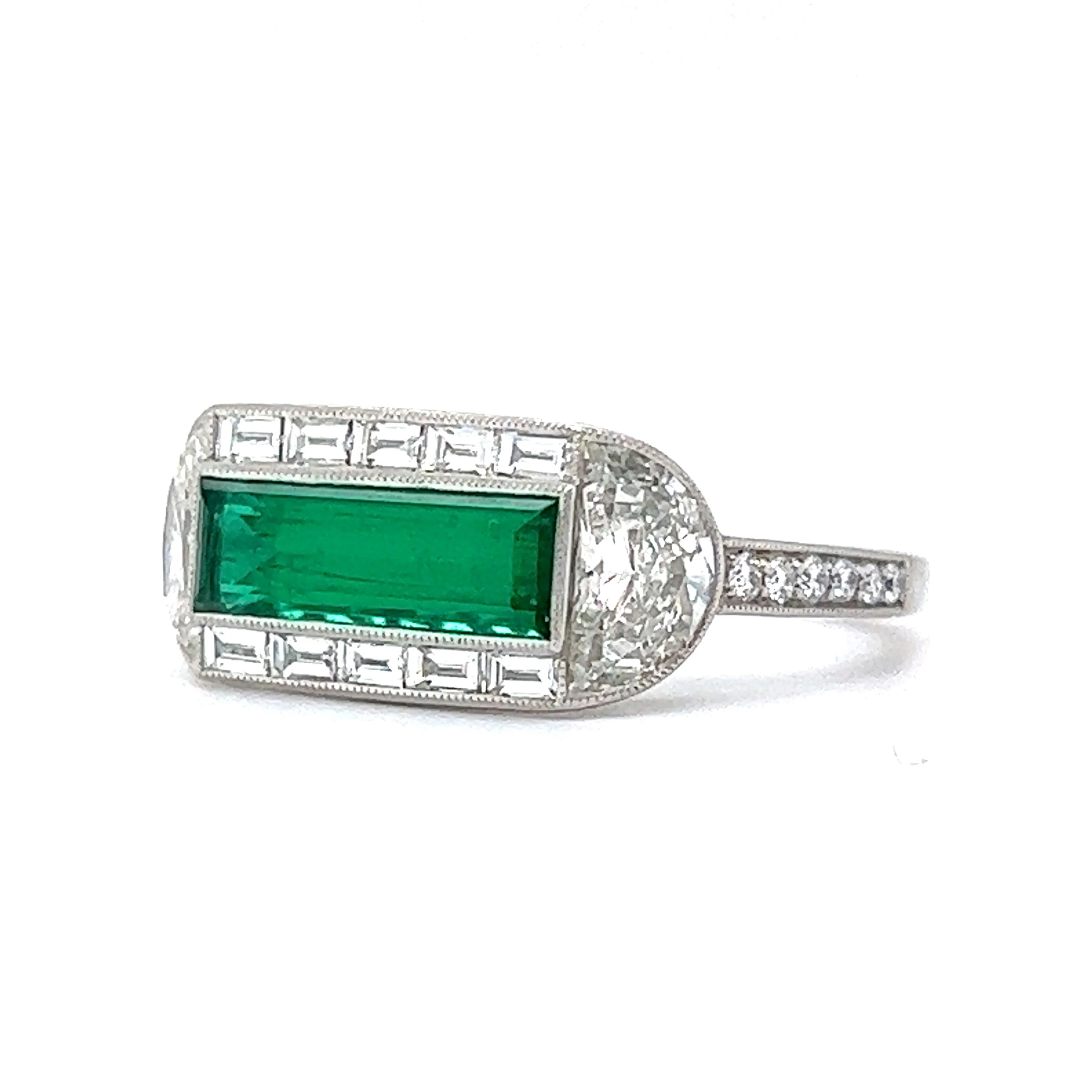 Elongated Emerald & Diamond Cocktail Ring in Platinum - Image 2