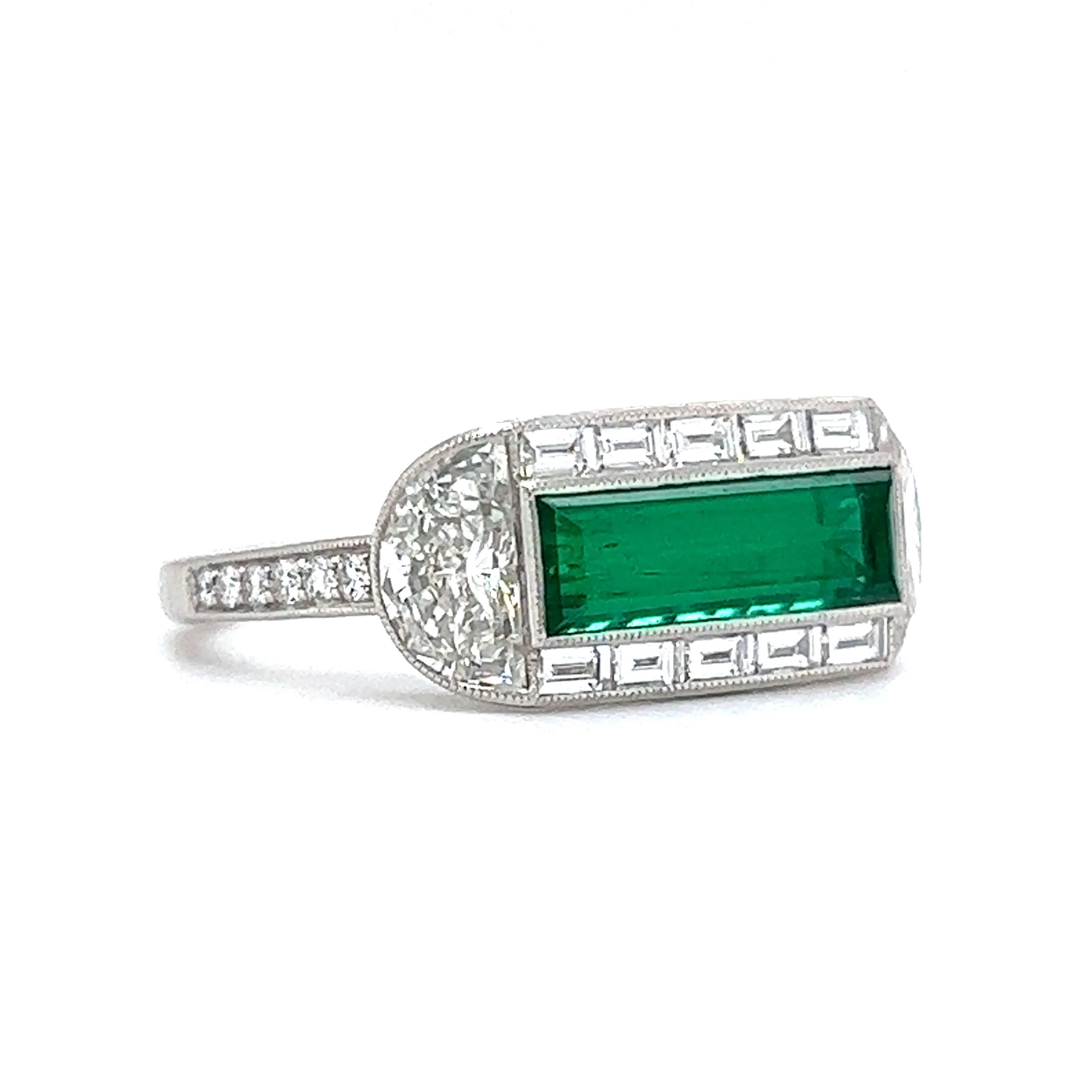 Elongated Emerald & Diamond Cocktail Ring in Platinum - Image 3