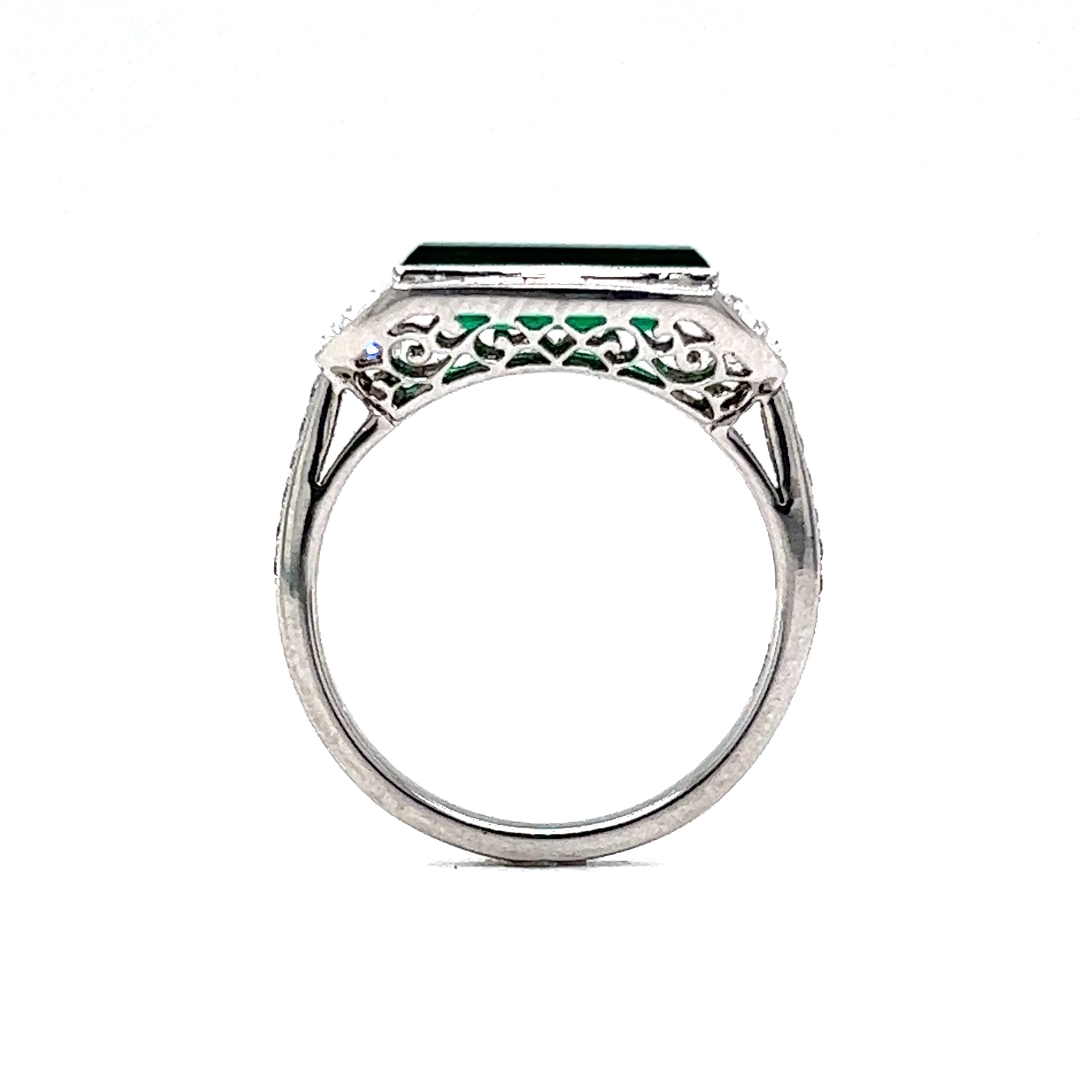 Elongated Emerald & Diamond Cocktail Ring in Platinum - Image 4