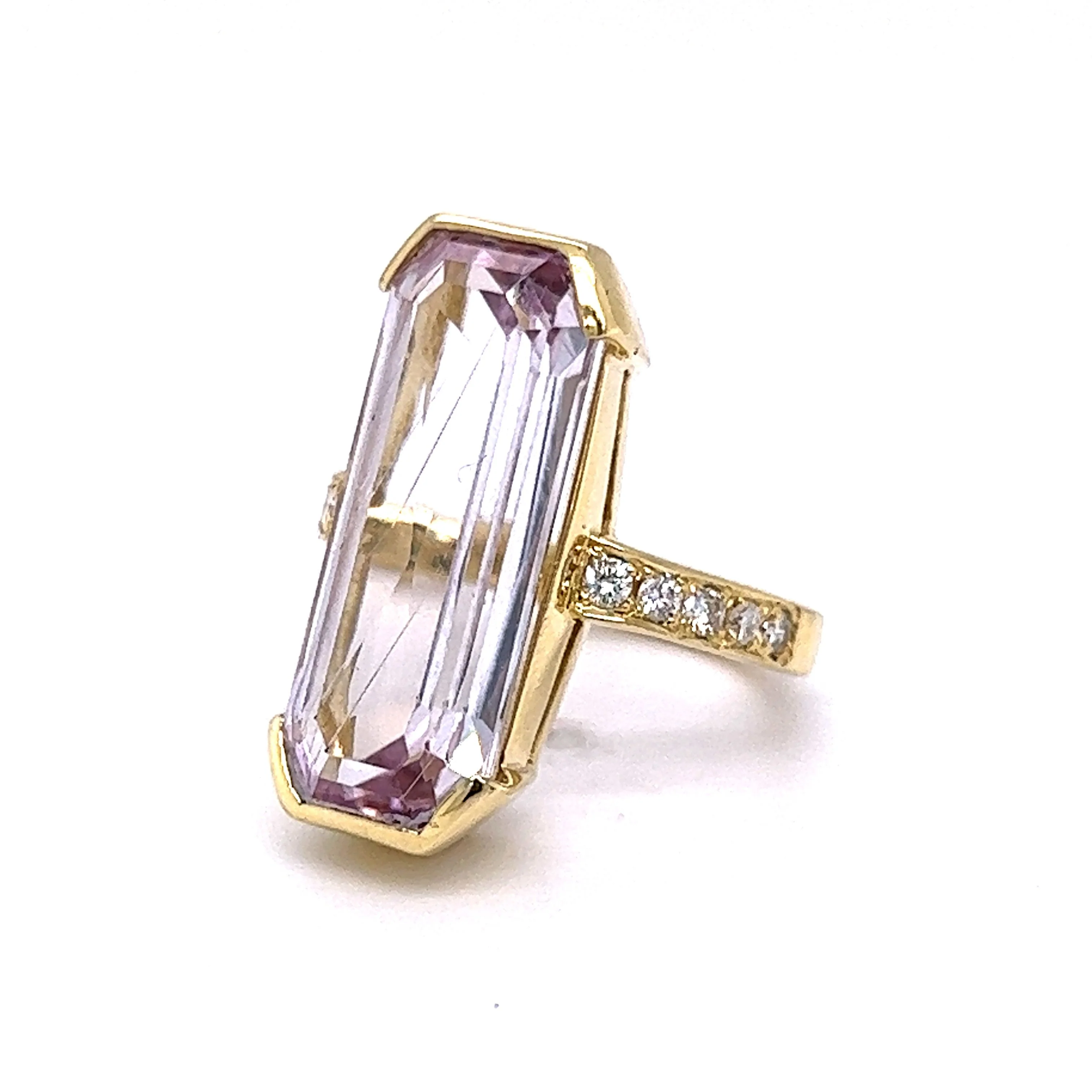 Elongated Kunzite & Diamond Cocktail Ring in 18k Yellow Gold - Image 2