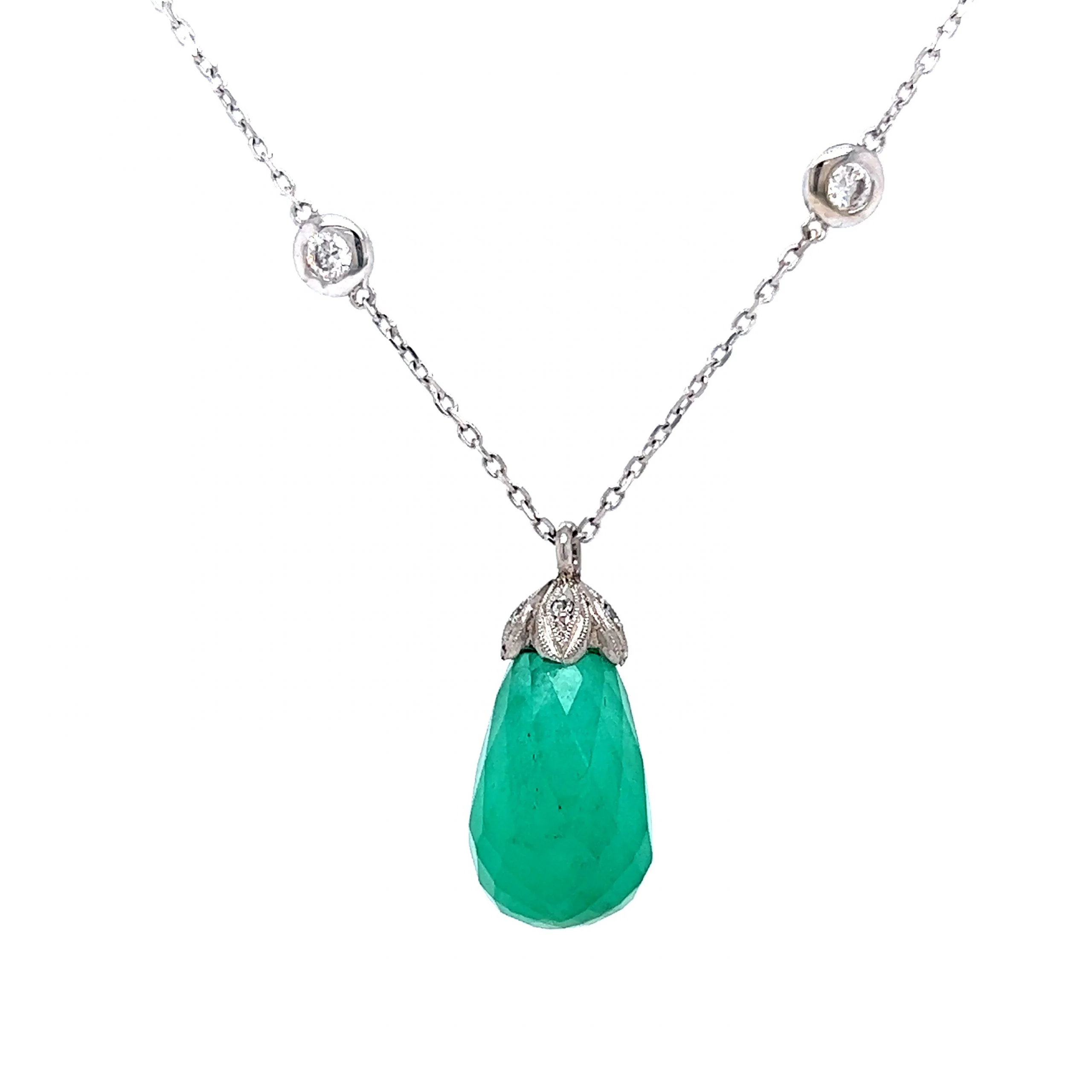 Emerald Briolette Pendant & Diamond Necklace in 14k White Gold - Image 2
