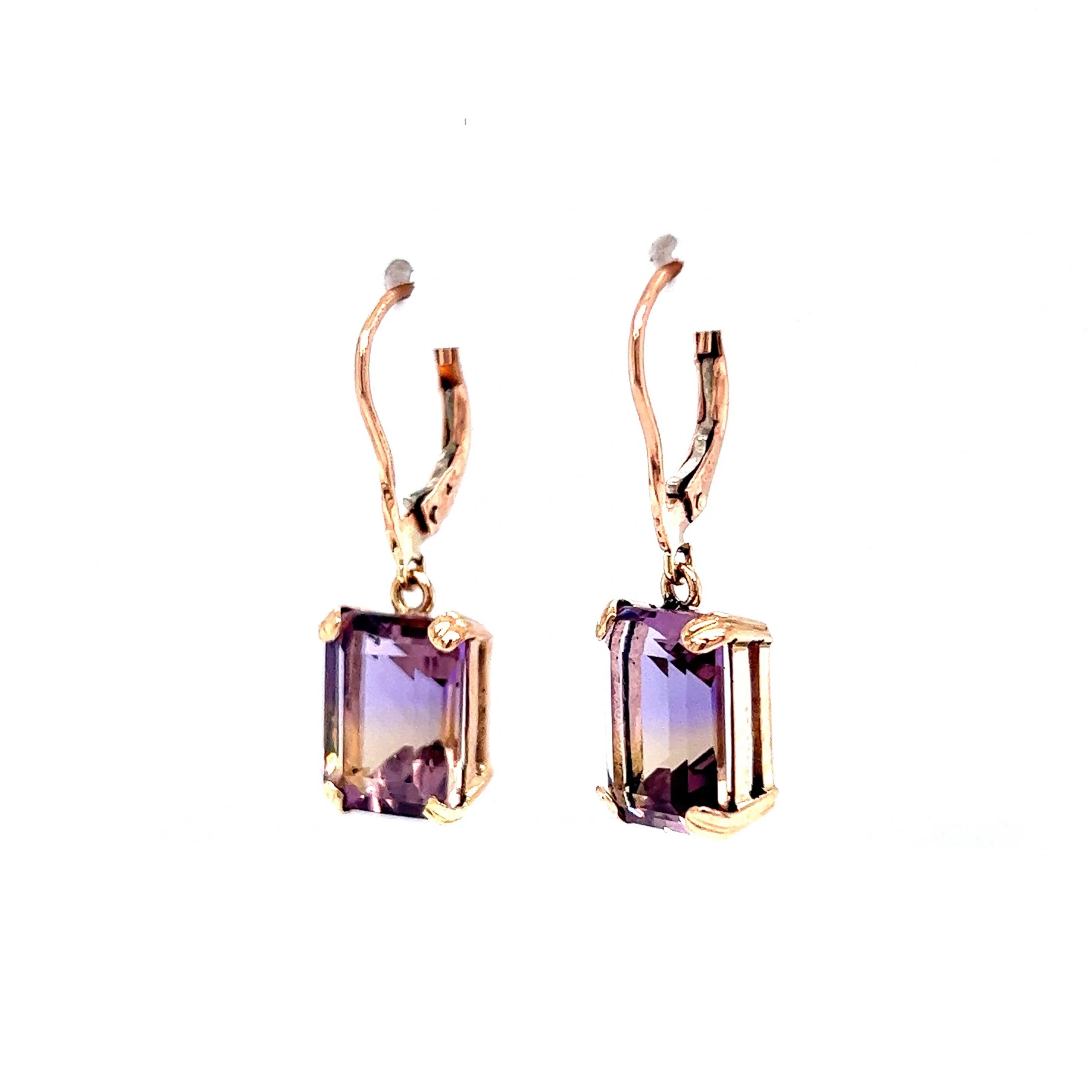 Emerald Cut Ametrine Drop Earrings in 14k Yellow Gold - Image 2