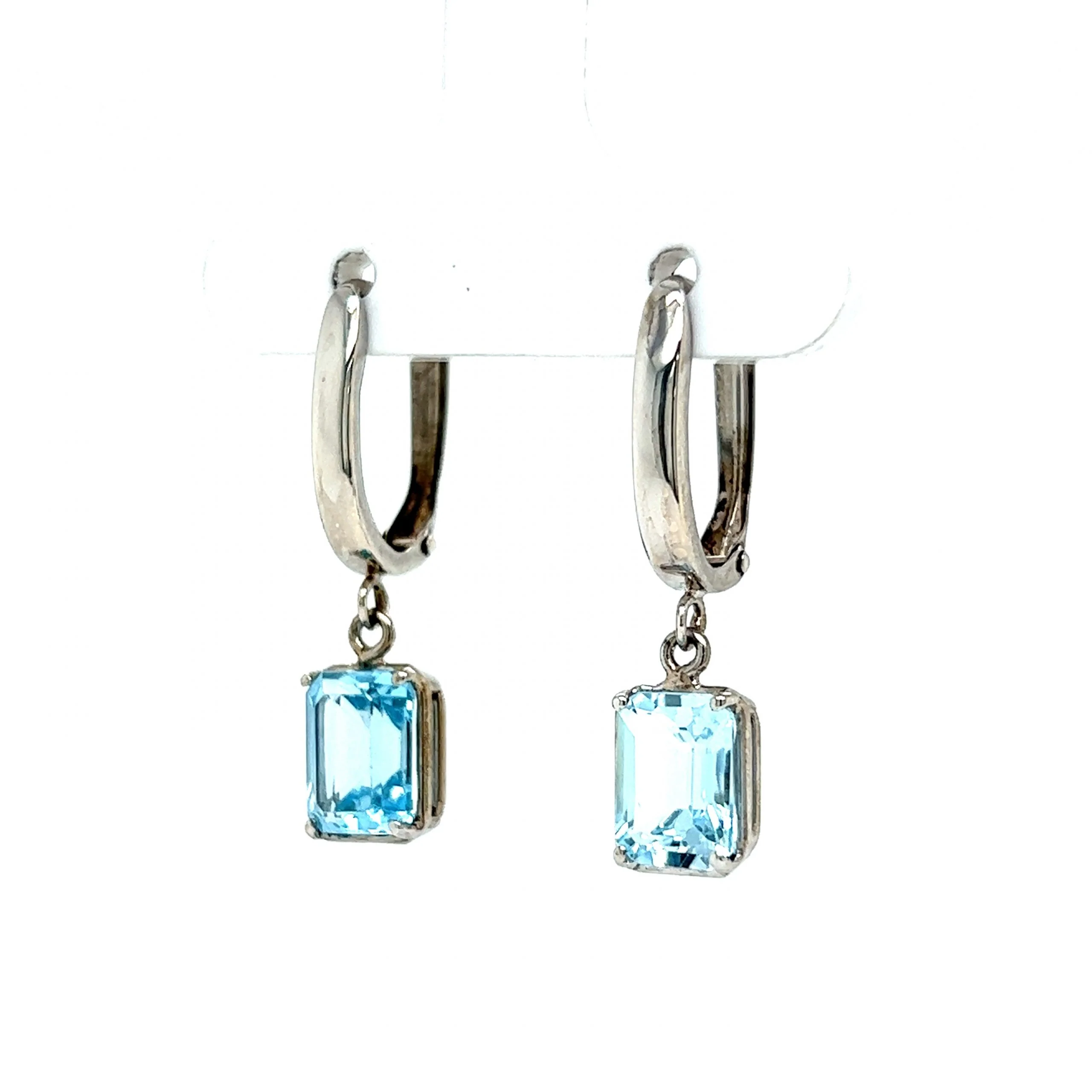 Emerald Cut Aquamarine Drop Earrings in 14k White Gold - Image 2