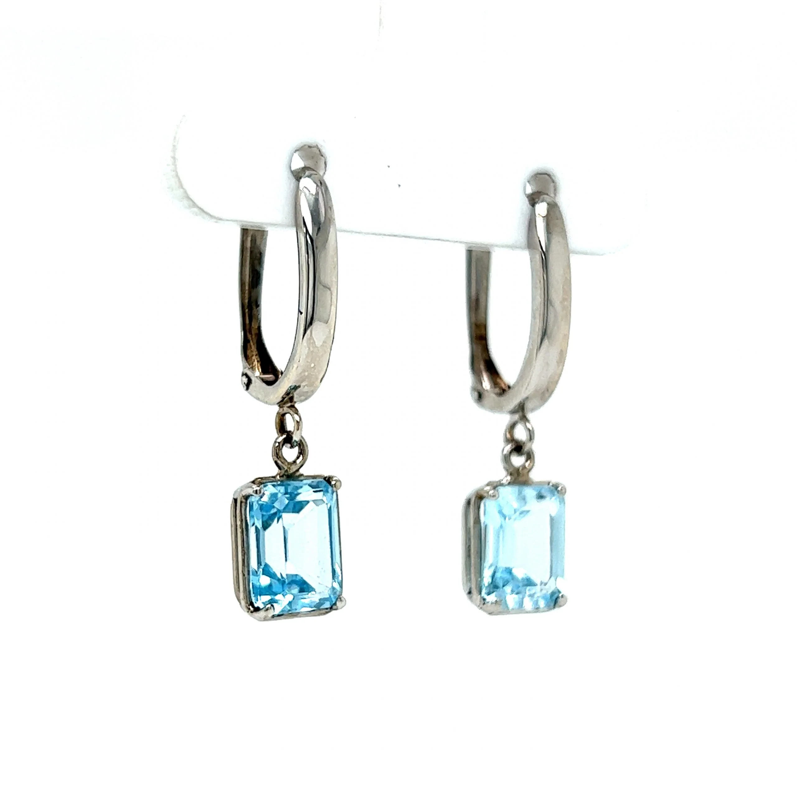 Emerald Cut Aquamarine Drop Earrings in 14k White Gold - Image 3