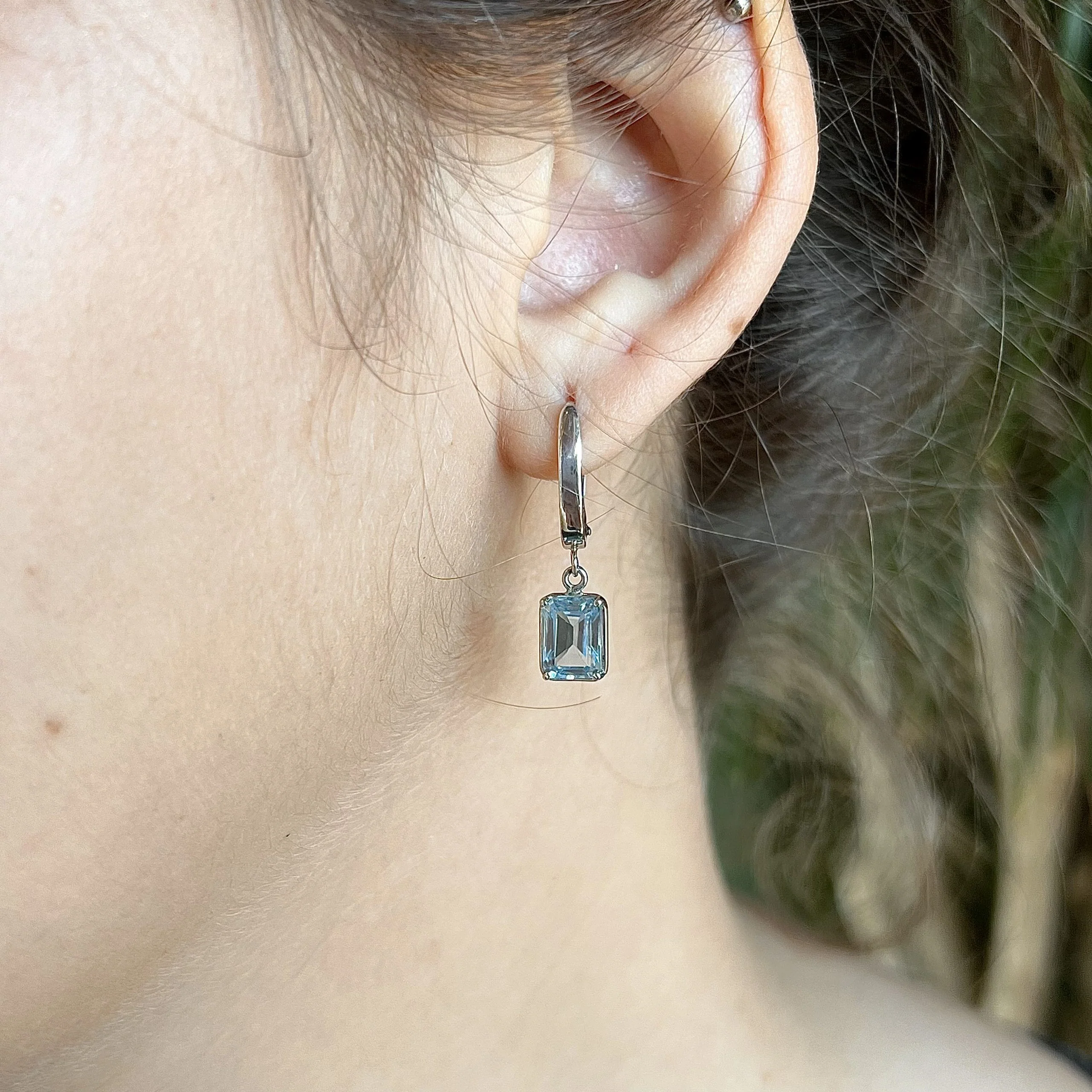 Emerald Cut Aquamarine Drop Earrings in 14k White Gold - Image 4