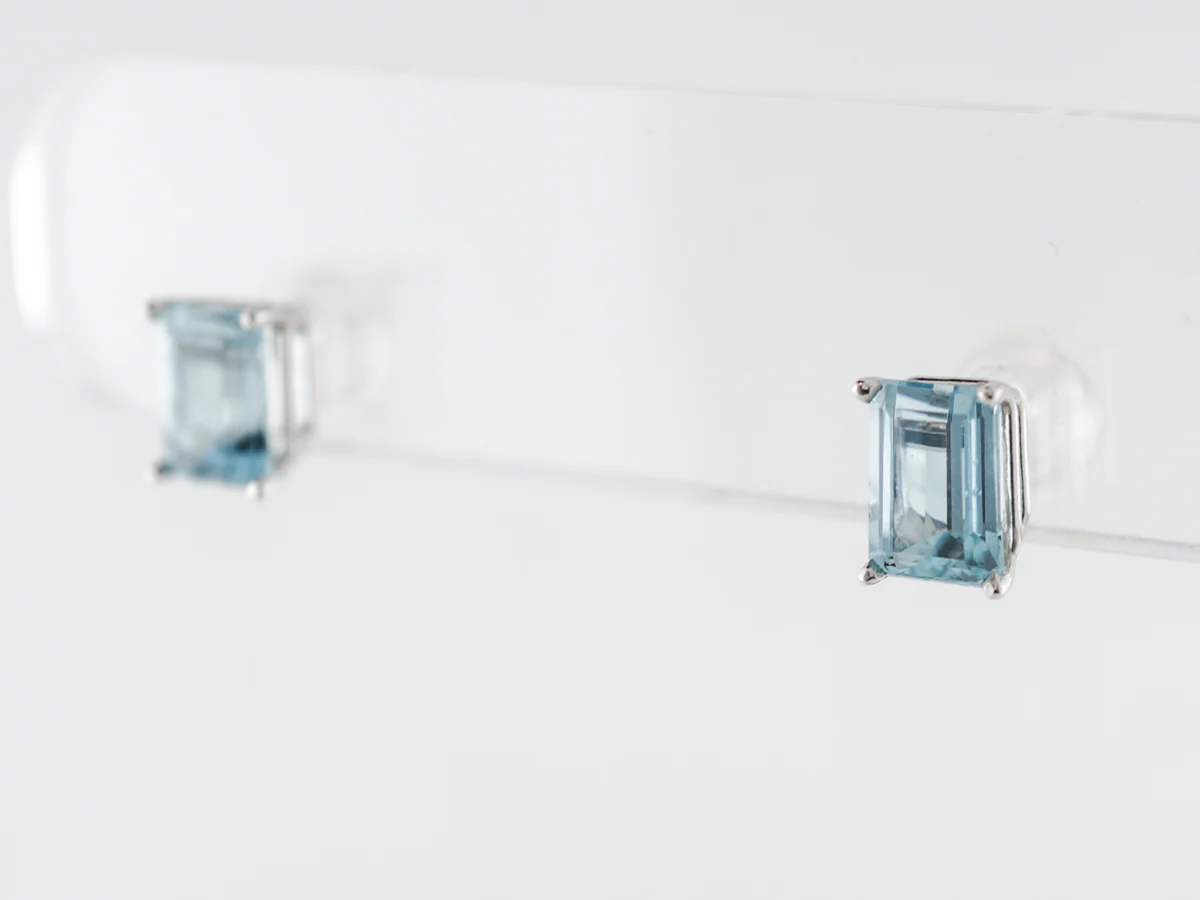 Emerald Cut Aquamarine Earring Studs in White Gold - Image 2