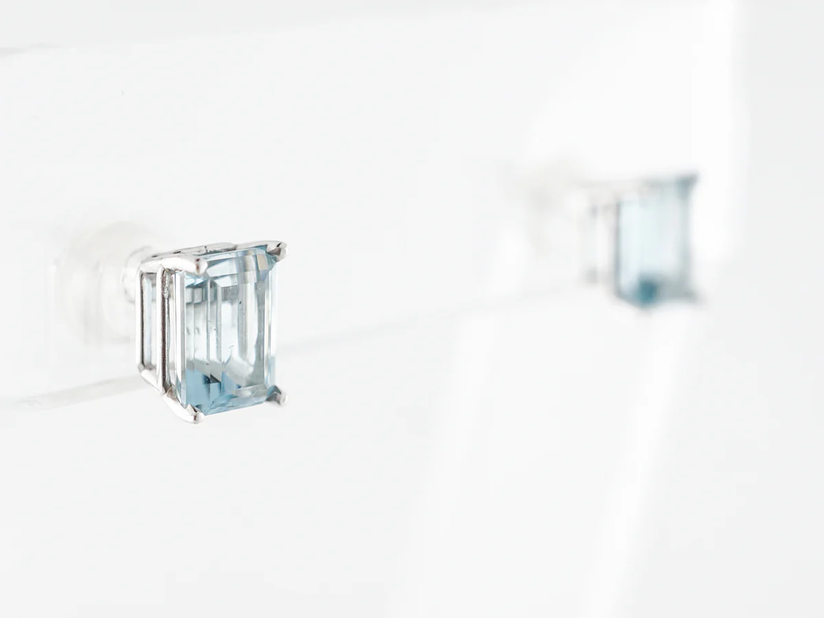 Emerald Cut Aquamarine Earring Studs in White Gold - Image 3