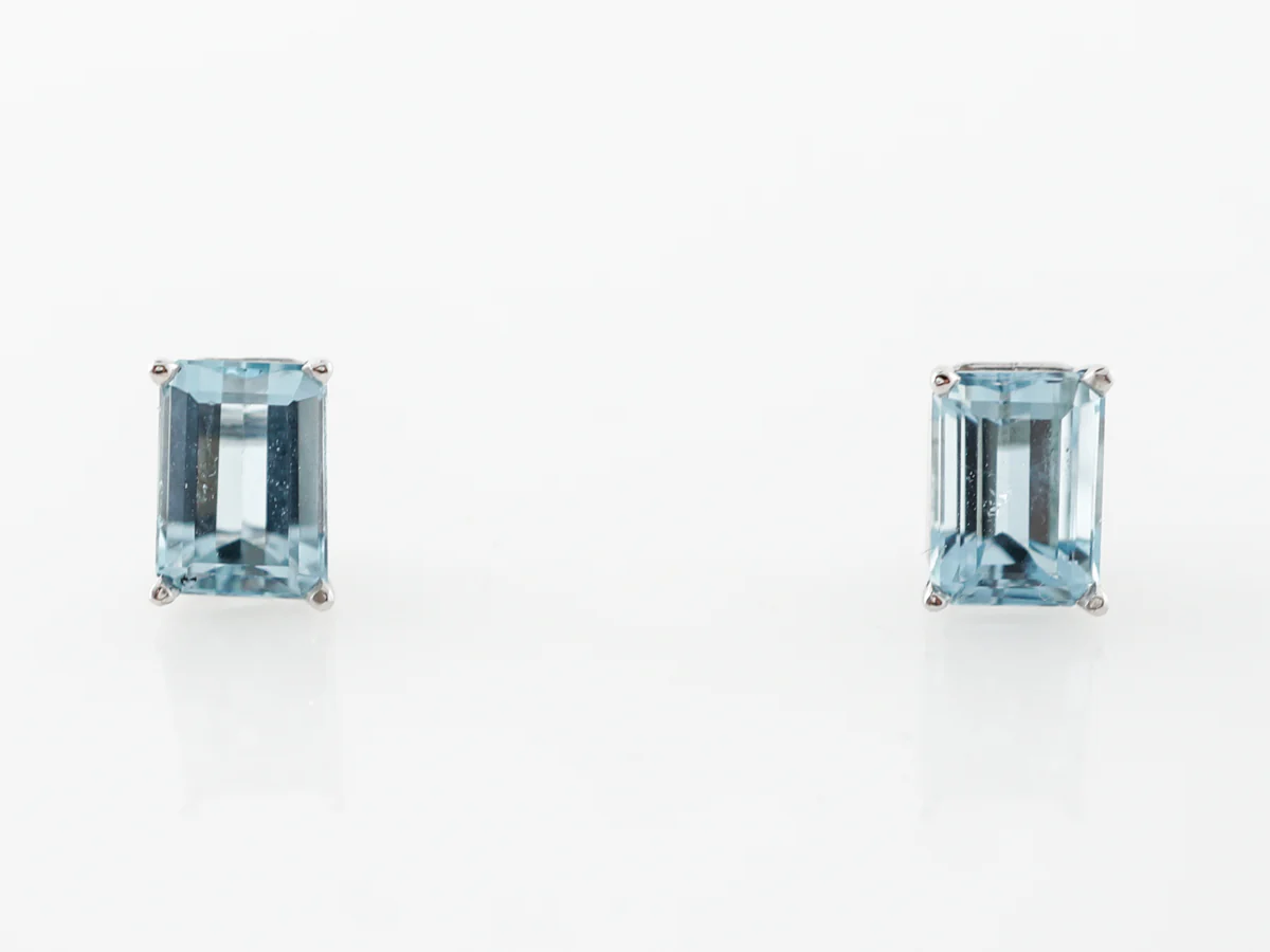 Emerald Cut Aquamarine Earring Studs in White Gold - Image 4