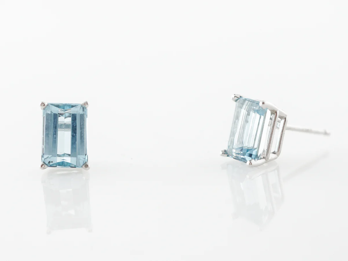 Emerald Cut Aquamarine Earring Studs in White Gold - Image 5