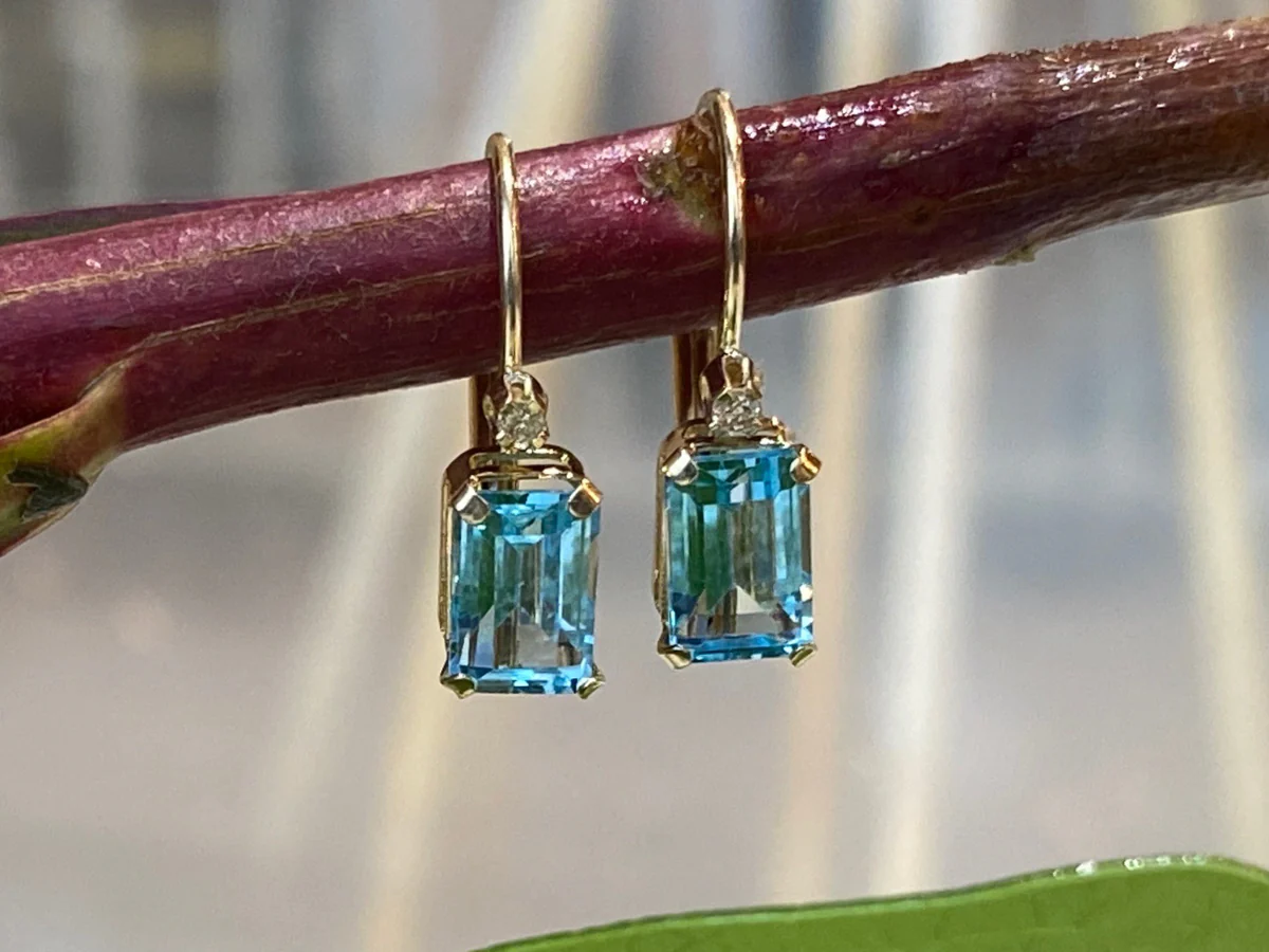 Emerald Cut Aquamarine Earrings w/ Diamonds in Yellow Gold - Image 5
