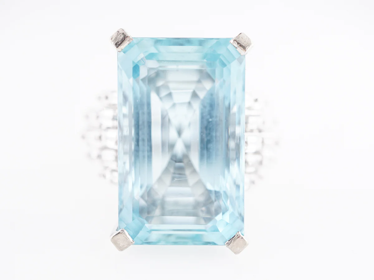 Emerald Cut Aquamarine Ring w/ Baguette Diamonds in 18k