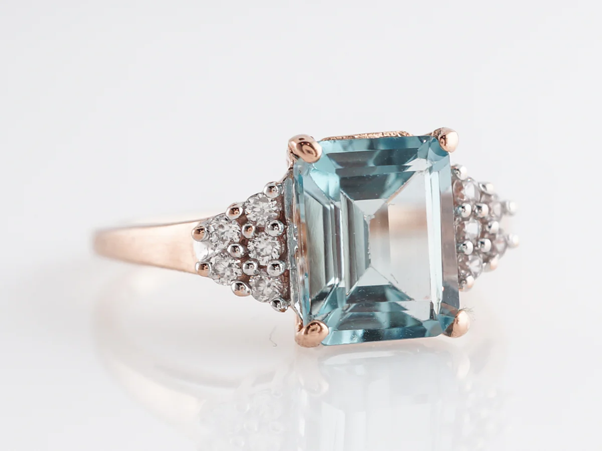 Emerald Cut Aquamarine Ring w/ Diamonds in 10K Rose Gold - Image 3