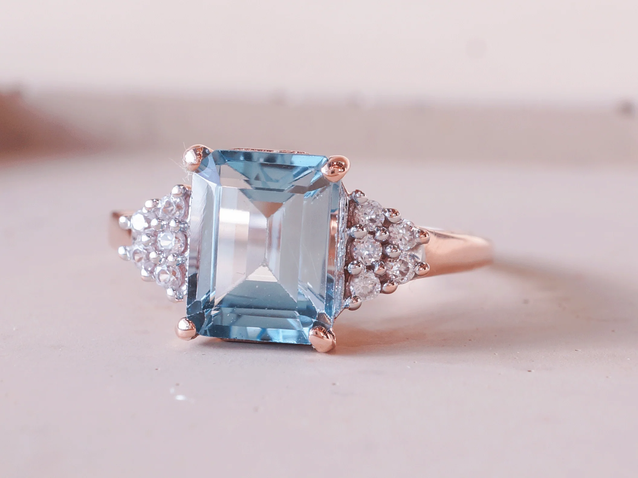 Emerald Cut Aquamarine Ring w/ Diamonds in 10K Rose Gold - Image 6