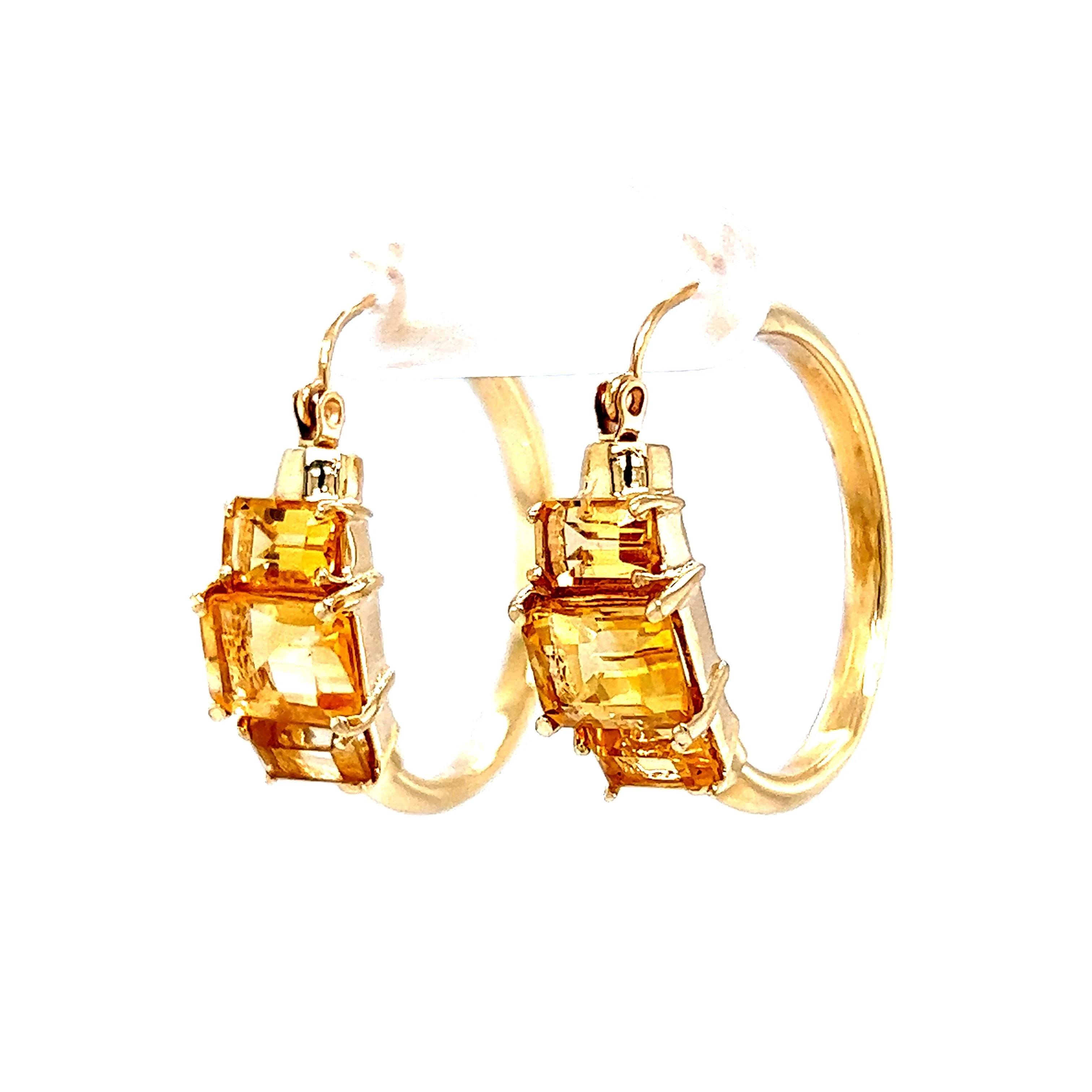 Emerald Cut Citrine Hoop Earrings in 14k Yellow Gold - Image 2