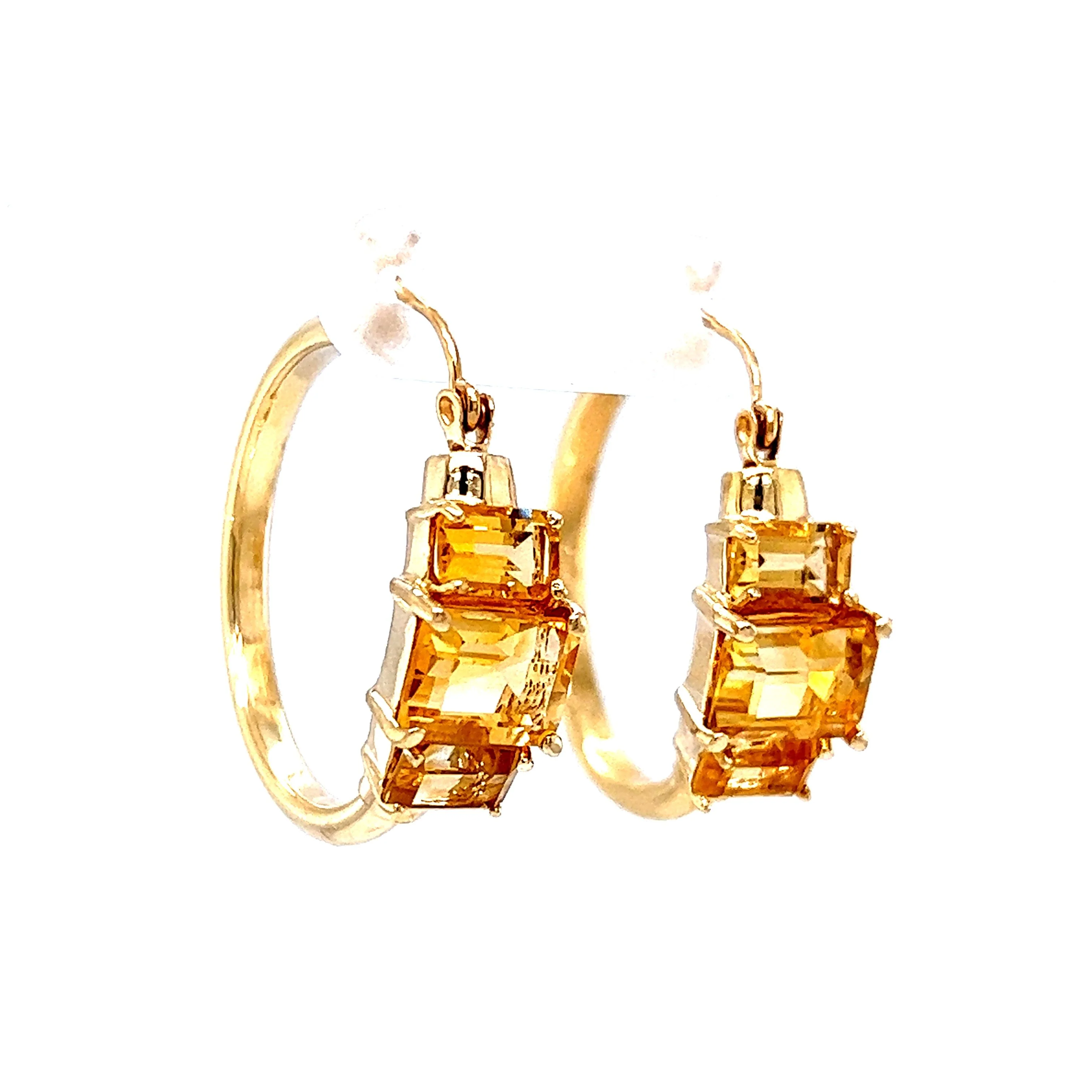 Emerald Cut Citrine Hoop Earrings in 14k Yellow Gold - Image 3