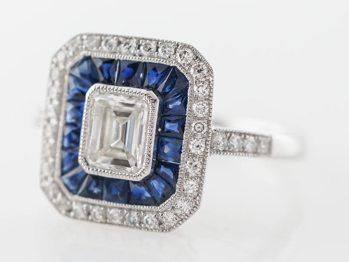 Emerald Cut Diamond & Sapphire Engagement Ring in Platinum - Image 2