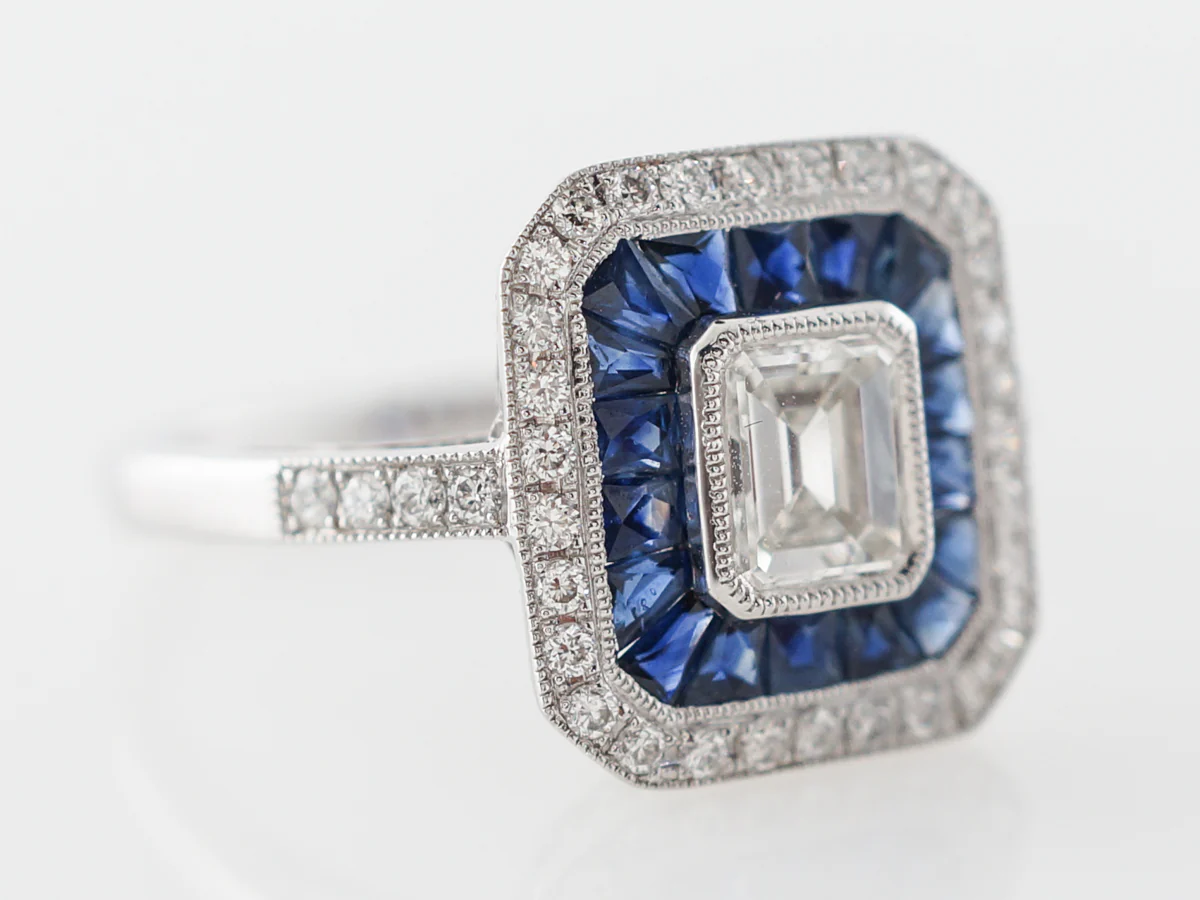 Emerald Cut Diamond & Sapphire Engagement Ring in Platinum - Image 3